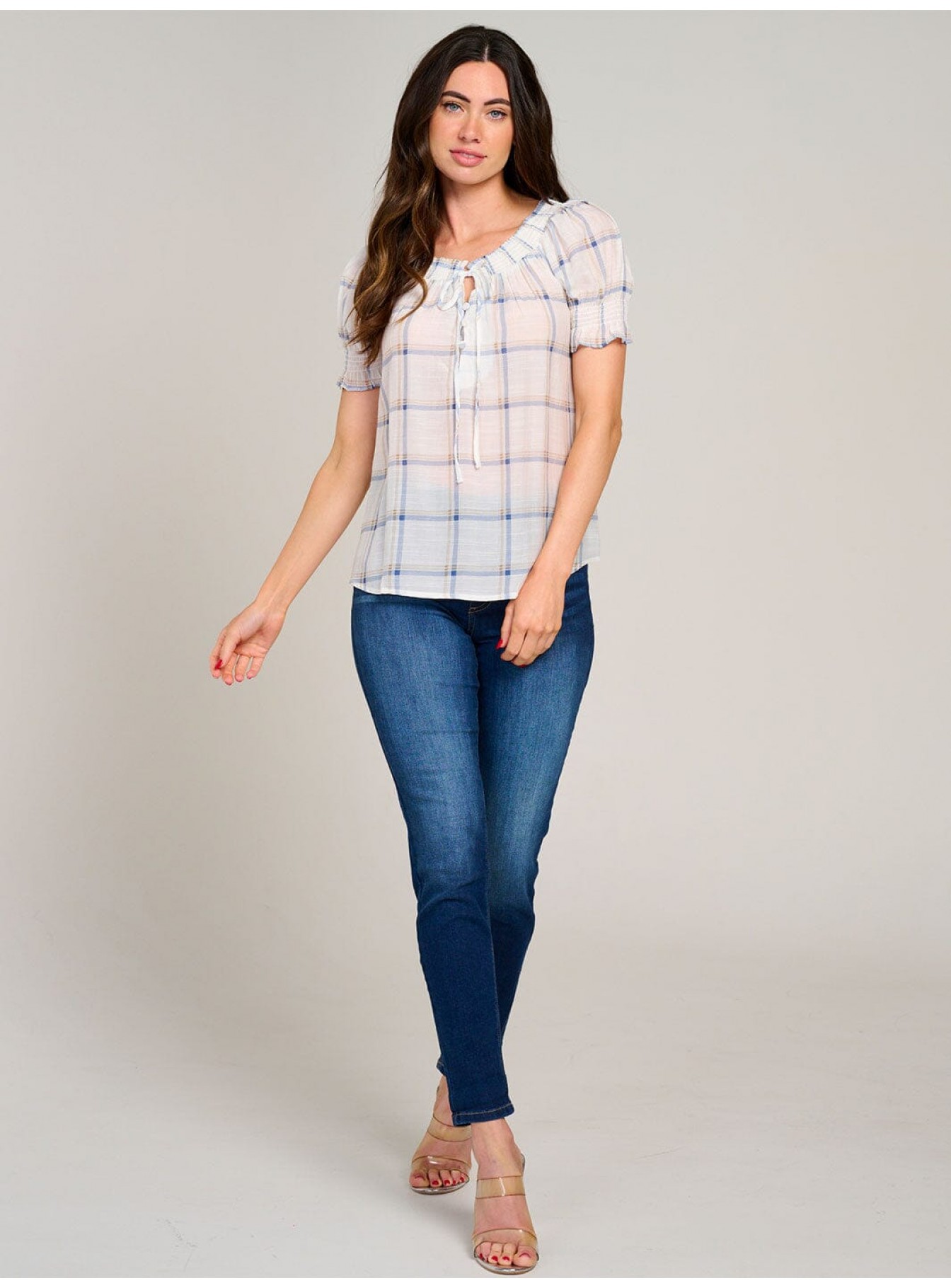 WOMEN'S SHORT PUFF SLEEVE PLAID BLOUSE WOMEN'S SHORT PUFF SLEEVE PLAID BLOUSE