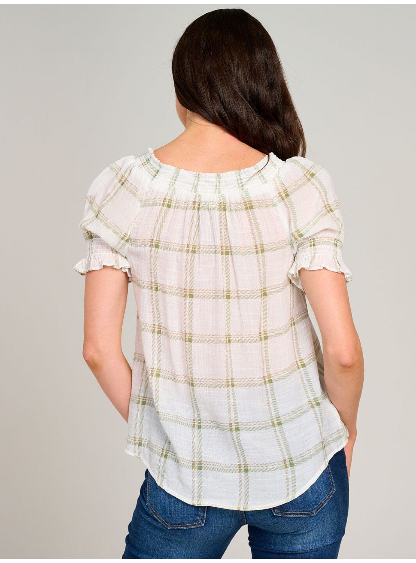 WOMEN'S SHORT PUFF SLEEVE PLAID BLOUSE WOMEN'S SHORT PUFF SLEEVE PLAID BLOUSE