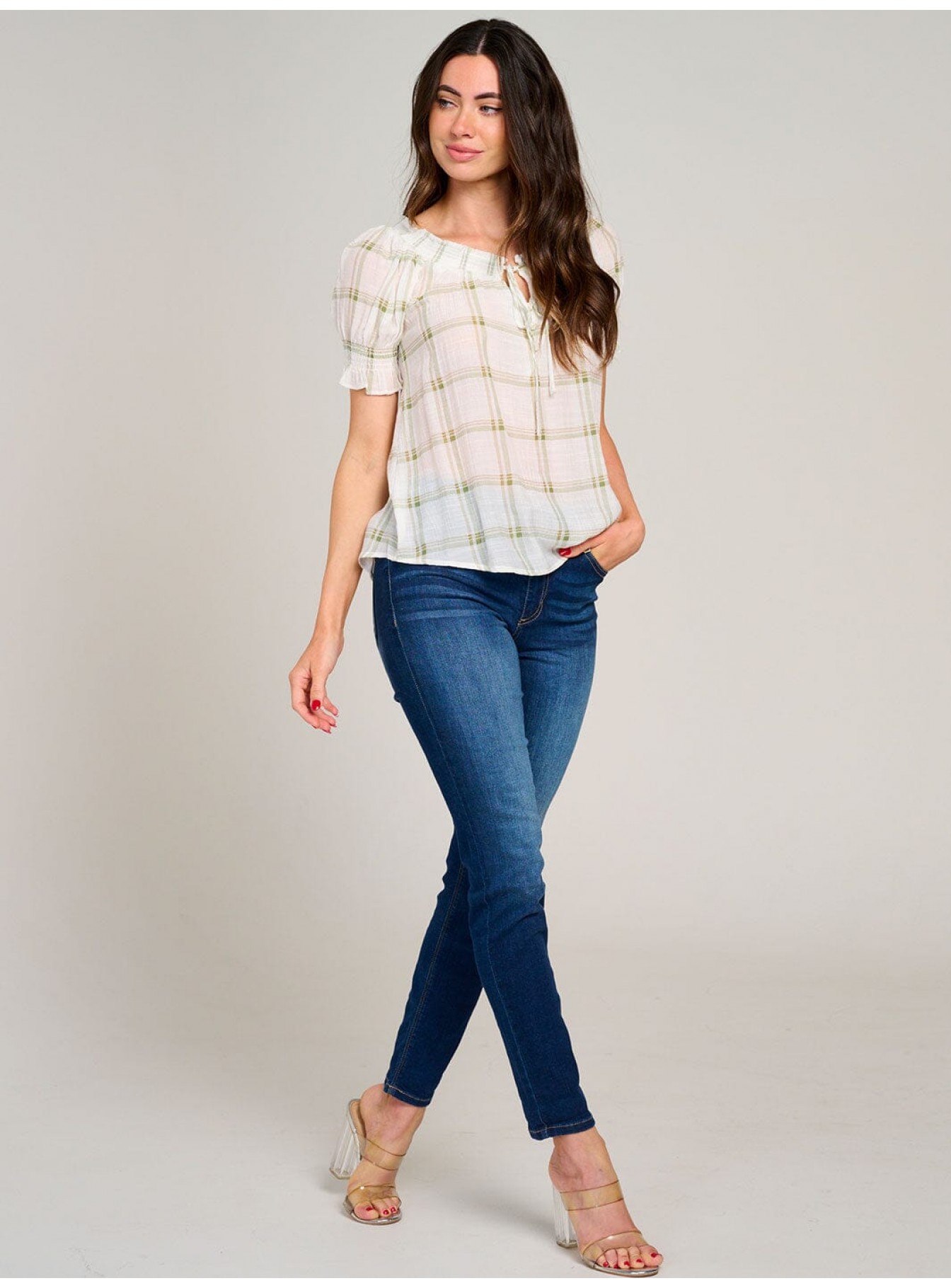 WOMEN'S SHORT PUFF SLEEVE PLAID BLOUSE WOMEN'S SHORT PUFF SLEEVE PLAID BLOUSE