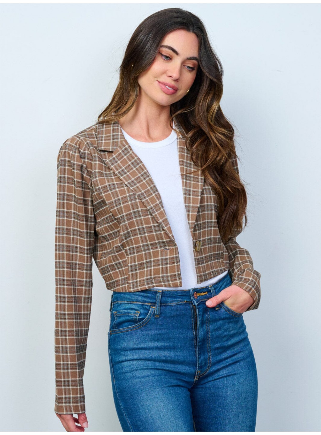 WOMEN'S LONG SLEEVE BUTTON CLOSURE PLAID CROP BLAZER