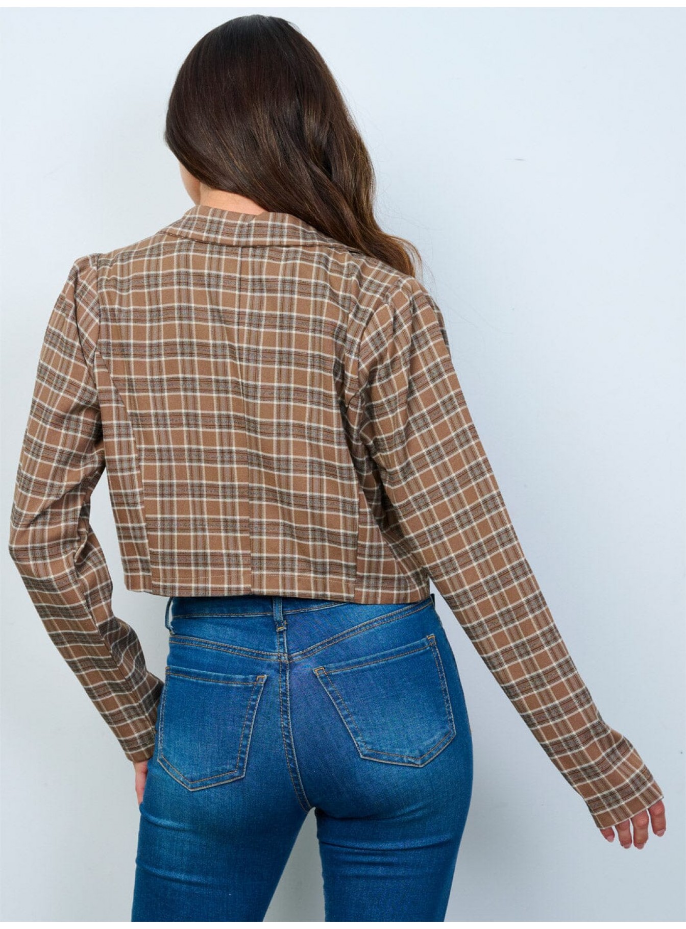 WOMEN'S LONG SLEEVE BUTTON CLOSURE PLAID CROP BLAZER