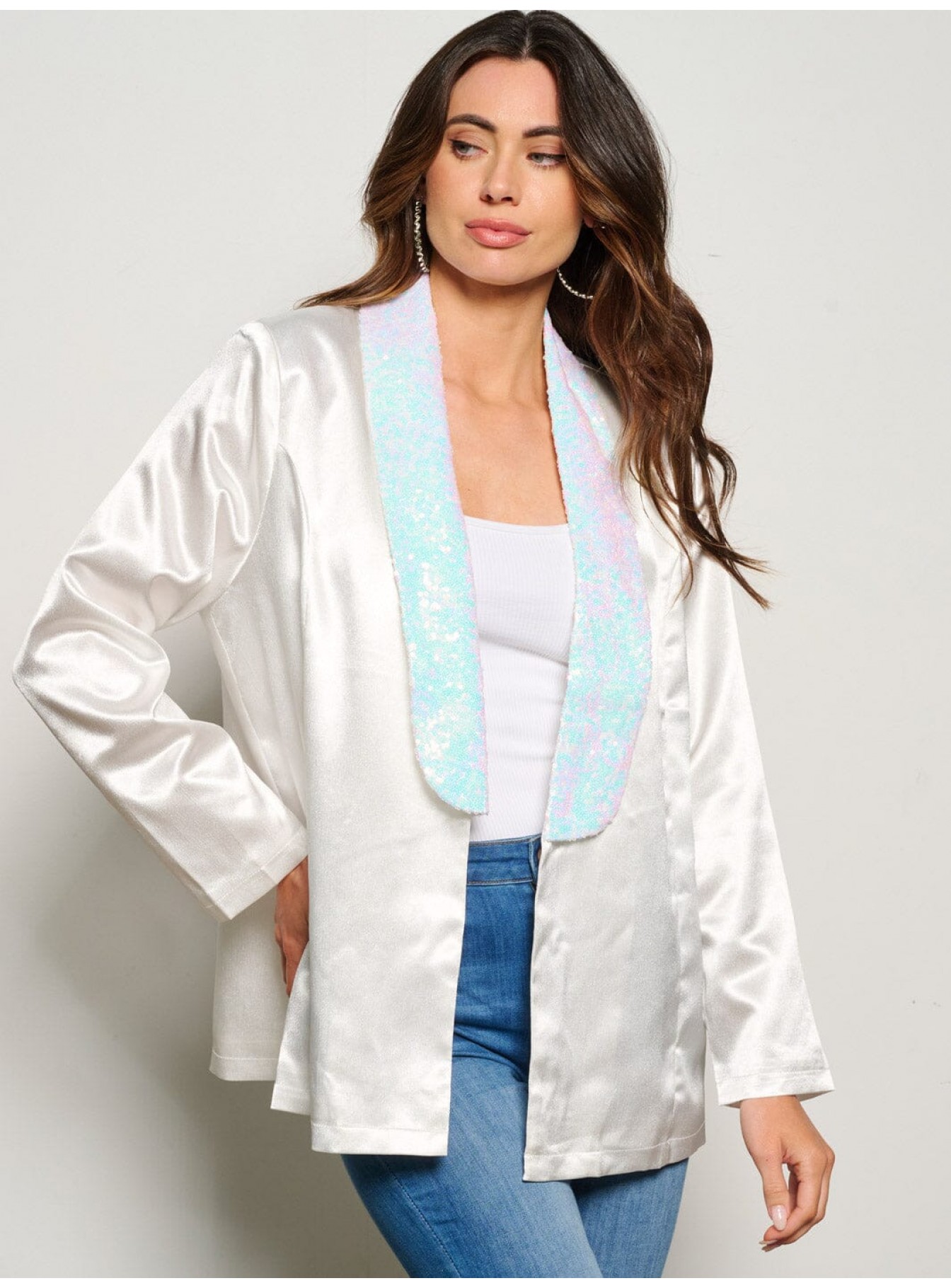 WOMEN'S LONG SLEEVE OPEN FRONT SEQUINS COLLAR BLAZER