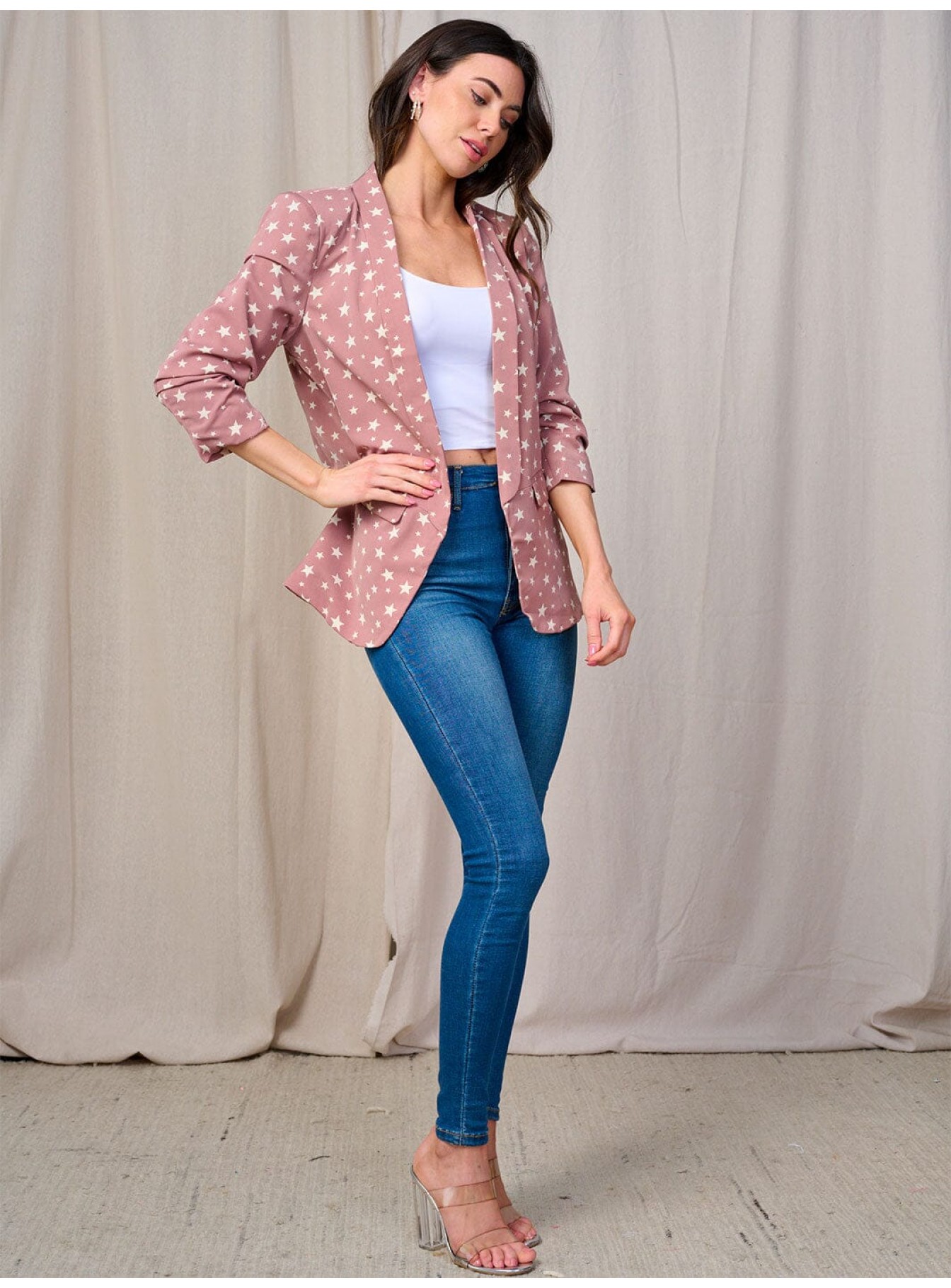 WOMEN'S 3/4 SLEEVE OPEN FRONT POCKETS ST...