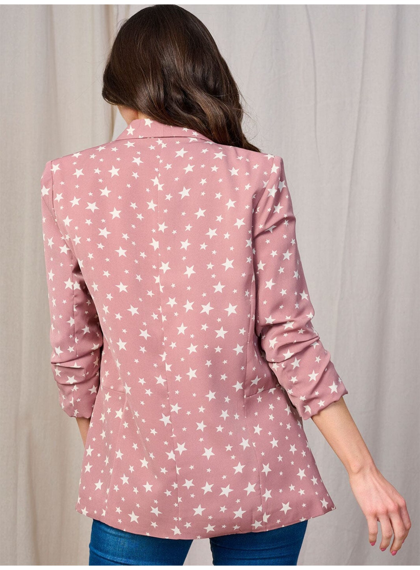 WOMEN'S 3/4 SLEEVE OPEN FRONT POCKETS STARS PRINT BLAZER