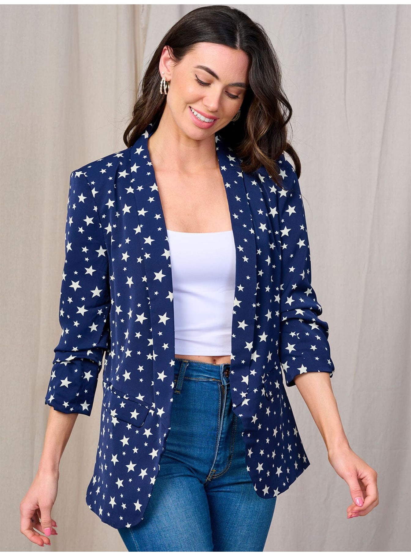 WOMEN'S 3/4 SLEEVE OPEN FRONT POCKETS STARS PRINT BLAZER