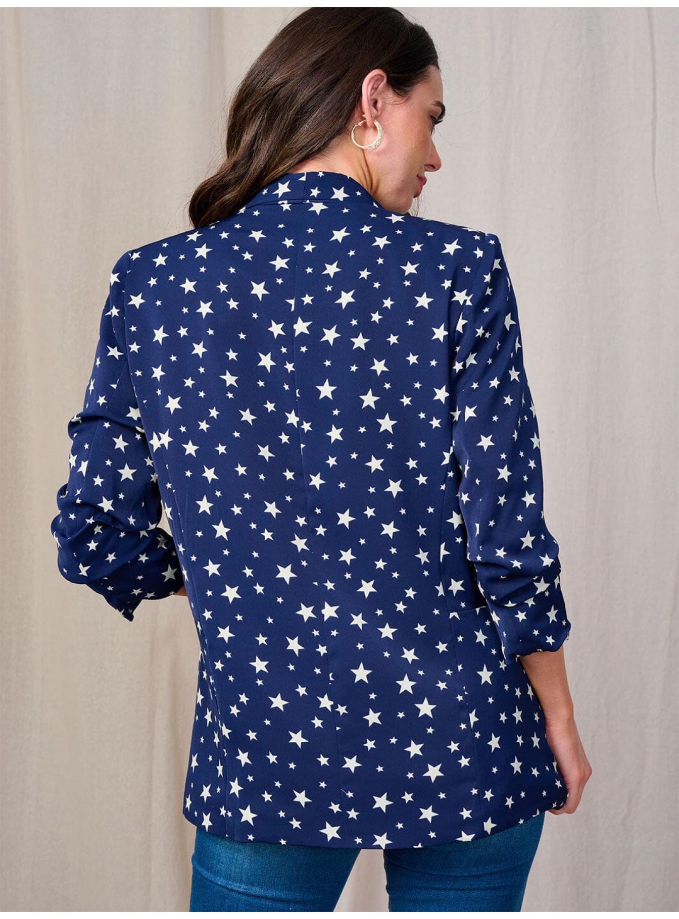 WOMEN'S 3/4 SLEEVE OPEN FRONT POCKETS STARS PRINT BLAZER