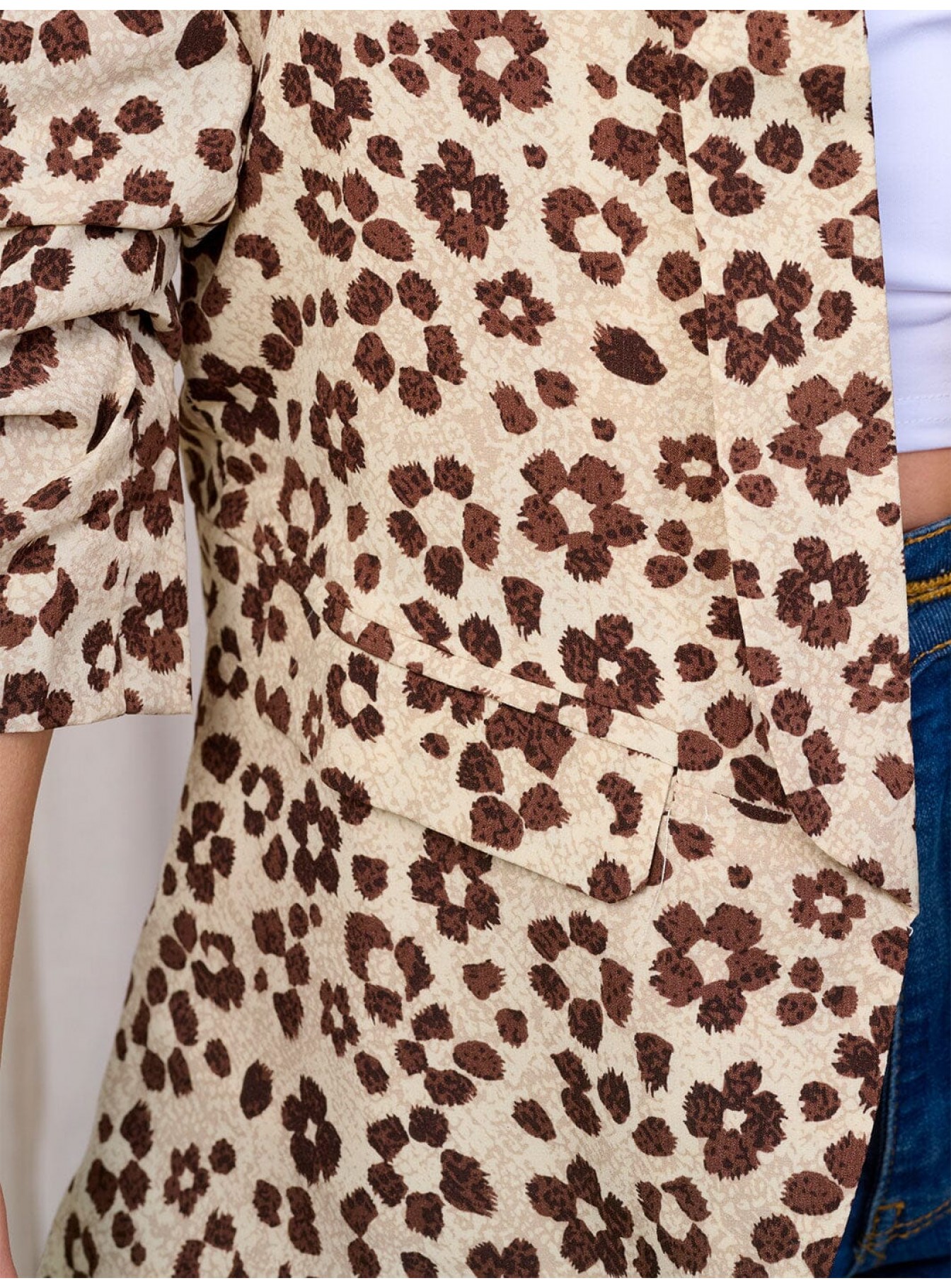 WOMEN'S 3/4 SLEEVE OPEN FRONT POCKETS FLOWER PRINT BLAZER