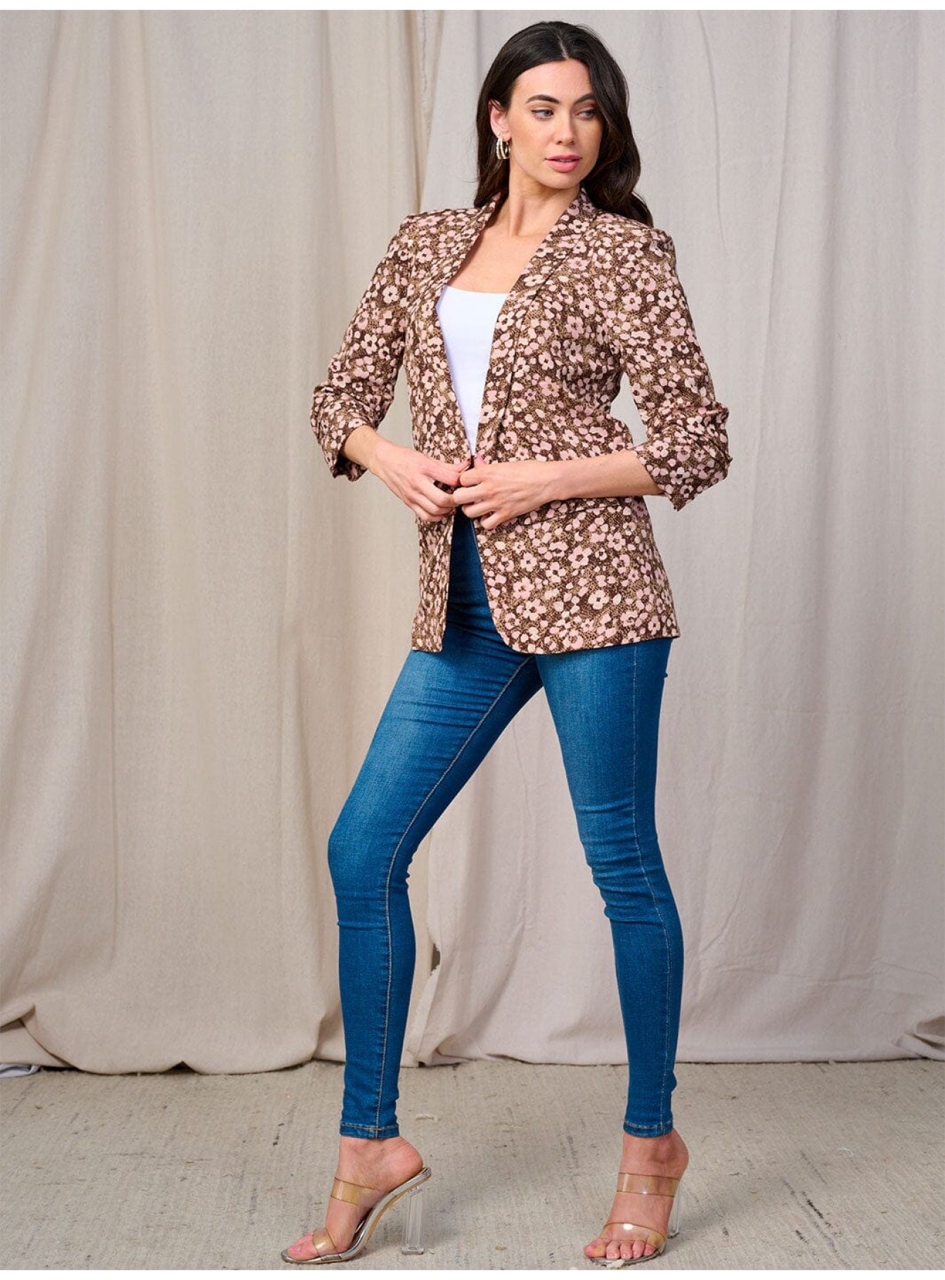 WOMEN'S 3/4 SLEEVE OPEN FRONT POCKETS FLOWER PRINT BLAZER