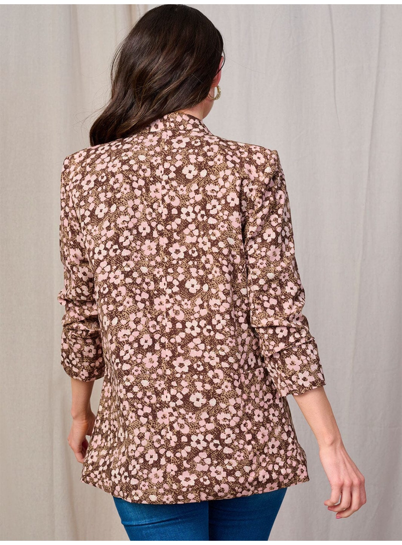 WOMEN'S 3/4 SLEEVE OPEN FRONT POCKETS FLOWER PRINT BLAZER