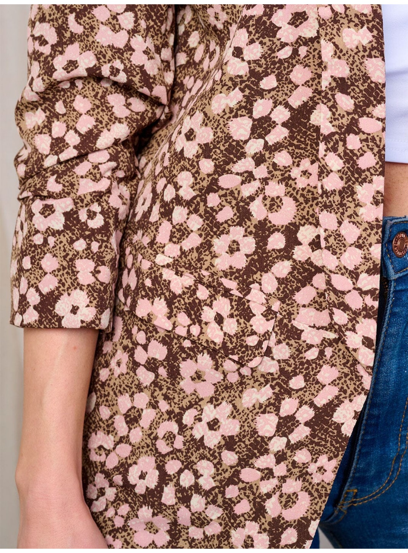 WOMEN'S 3/4 SLEEVE OPEN FRONT POCKETS FLOWER PRINT BLAZER