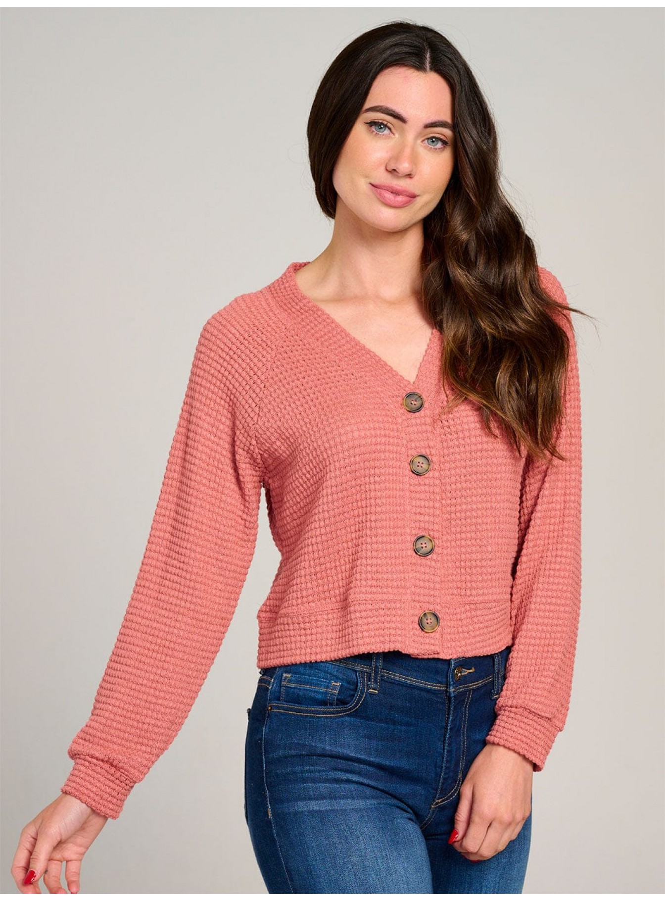 WOMEN'S LONG SLEEVE V-NECK BUTTON CLOSURE KNIT TOP WOMEN'S LONG SLEEVE V-NECK BUTTON CLOSURE KNIT TOP