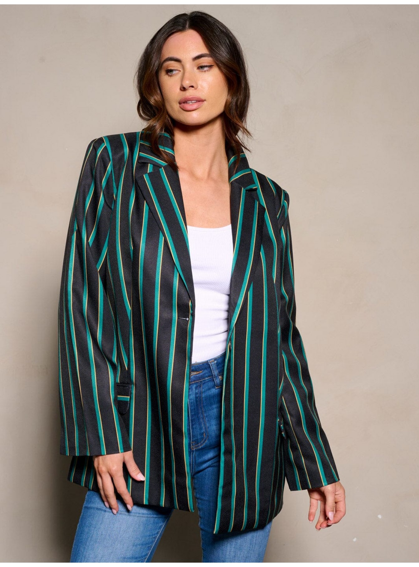 WOMEN'S LONG SLEEVE BUTTON CLOSURE STRIPES COLORBLOCK BLAZER WOMEN'S LONG SLEEVE BUTTON CLOSURE STRIPES COLORBLOCK BLAZER