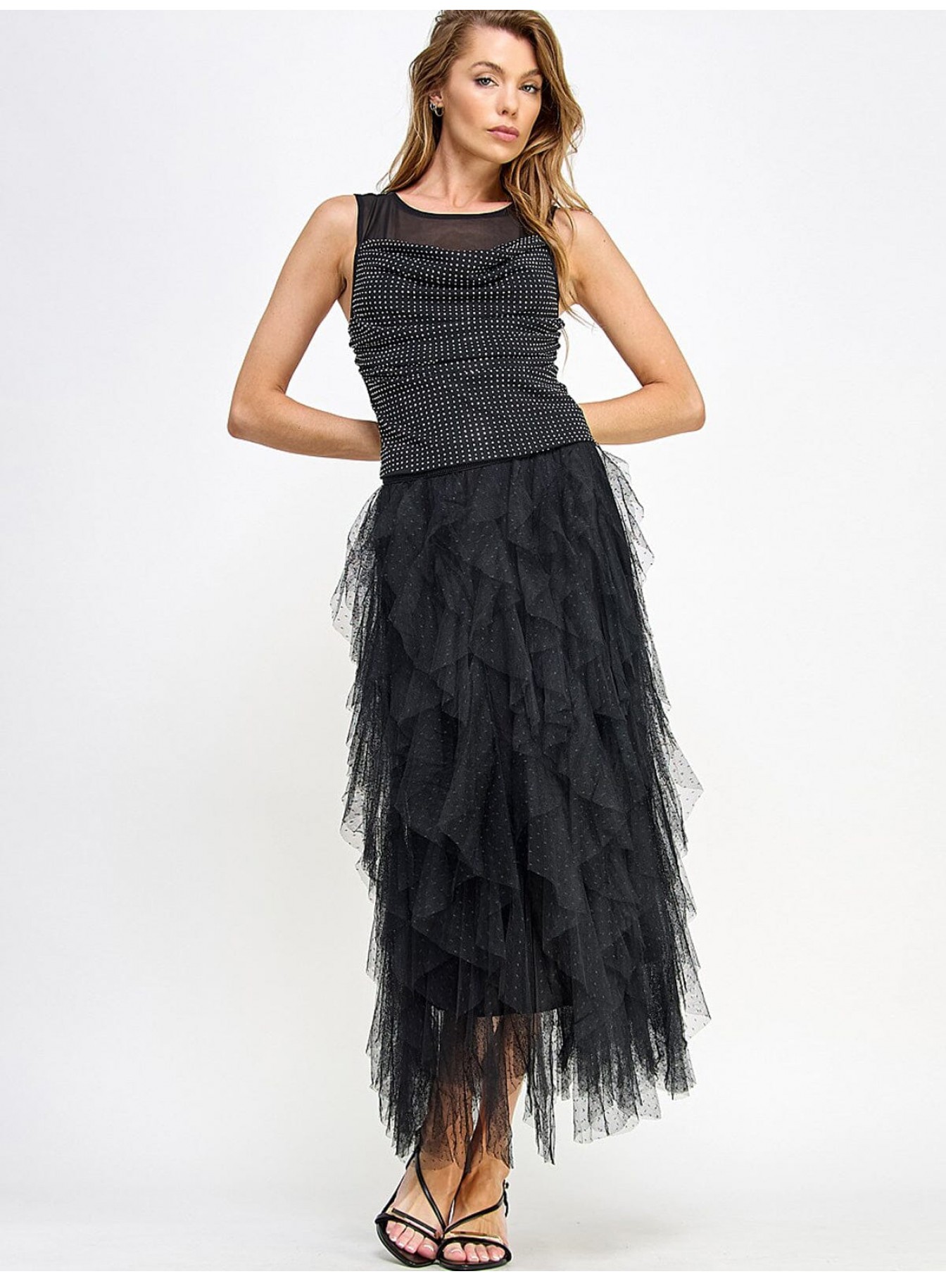 WOMEN'S SLEEVELESS MESH STUDS COWL NECK BLOUSE TANK TOP WOMEN'S SLEEVELESS MESH STUDS COWL NECK BLOUSE TANK TOP