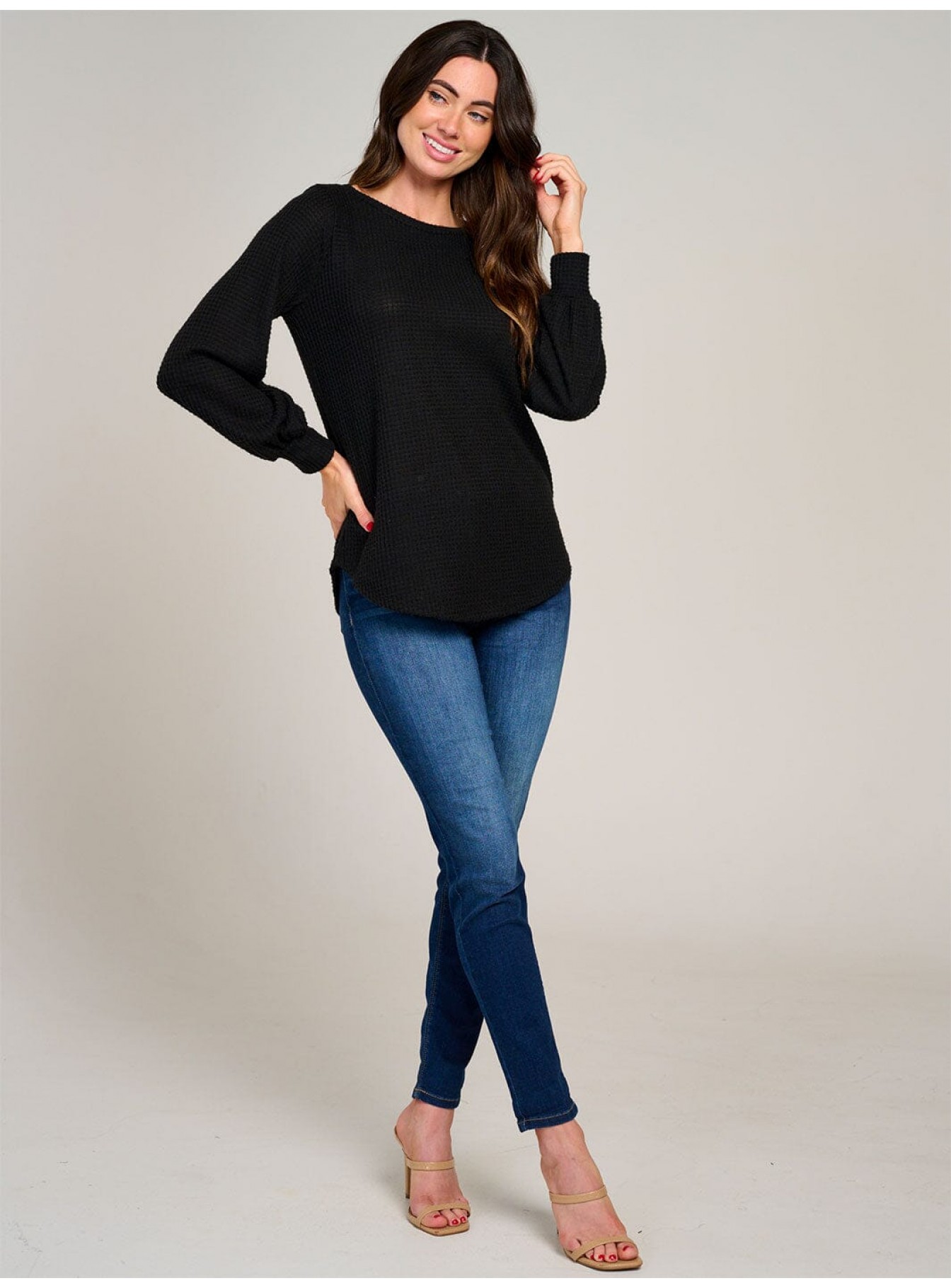 WOMEN'S LONG SLEEVE WAFFLE BLOUSE