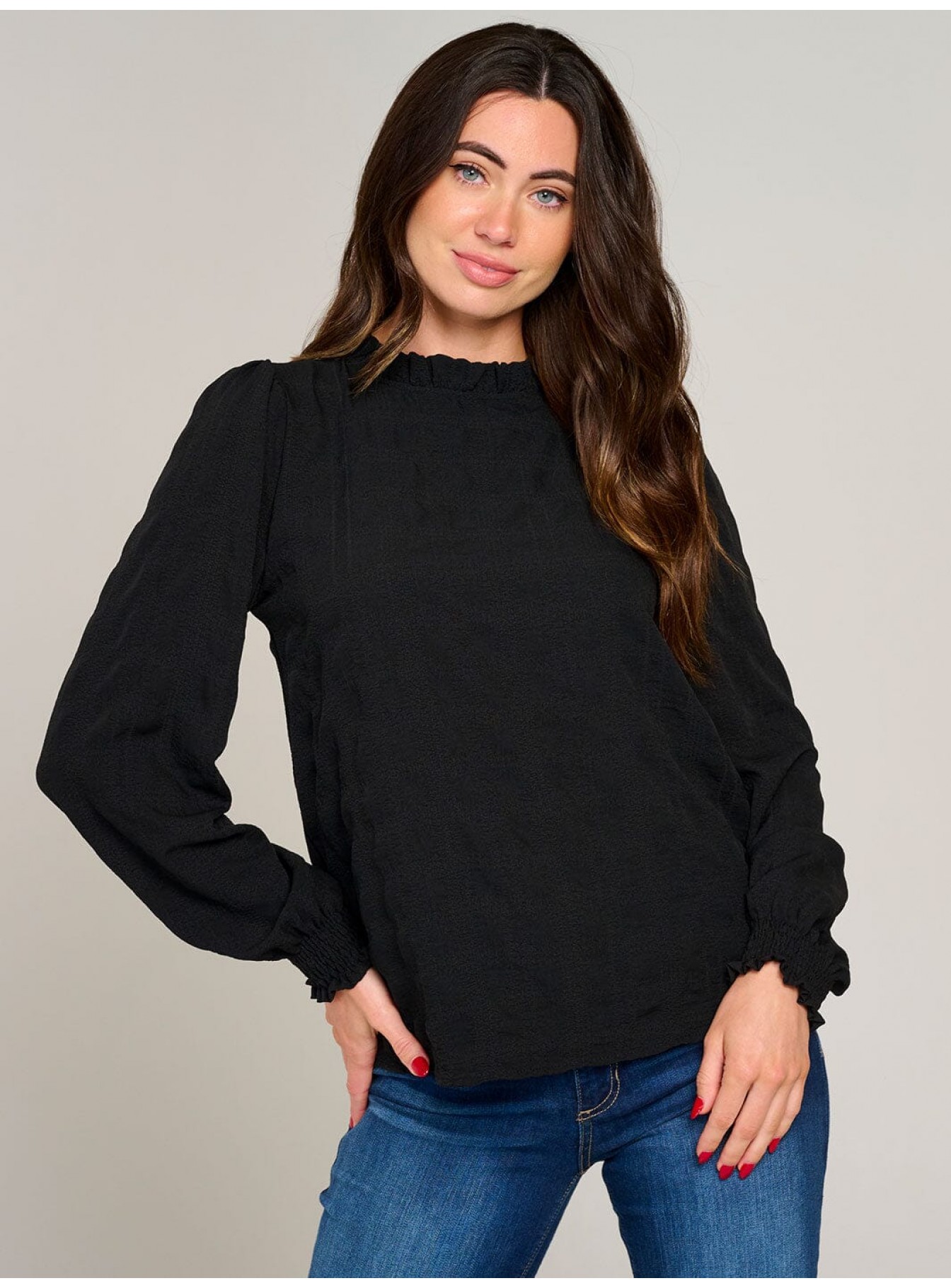 WOMEN'S LONG SLEEVE MOCK NECK RUFFLE DETAILED BLOUSE
