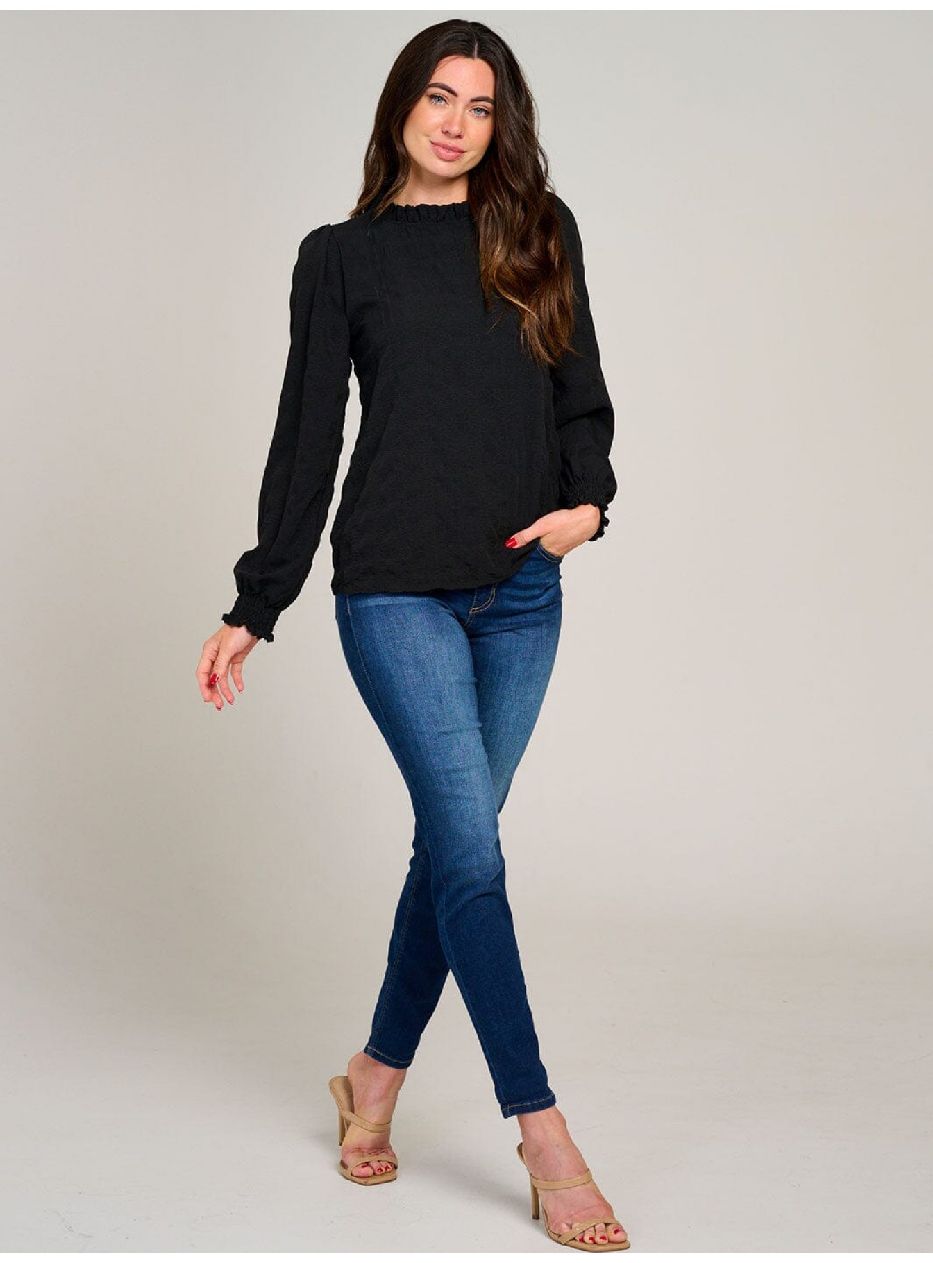 WOMEN'S LONG SLEEVE MOCK NECK RUFFLE DETAILED BLOUSE WOMEN'S LONG SLEEVE MOCK NECK RUFFLE DETAILED BLOUSE