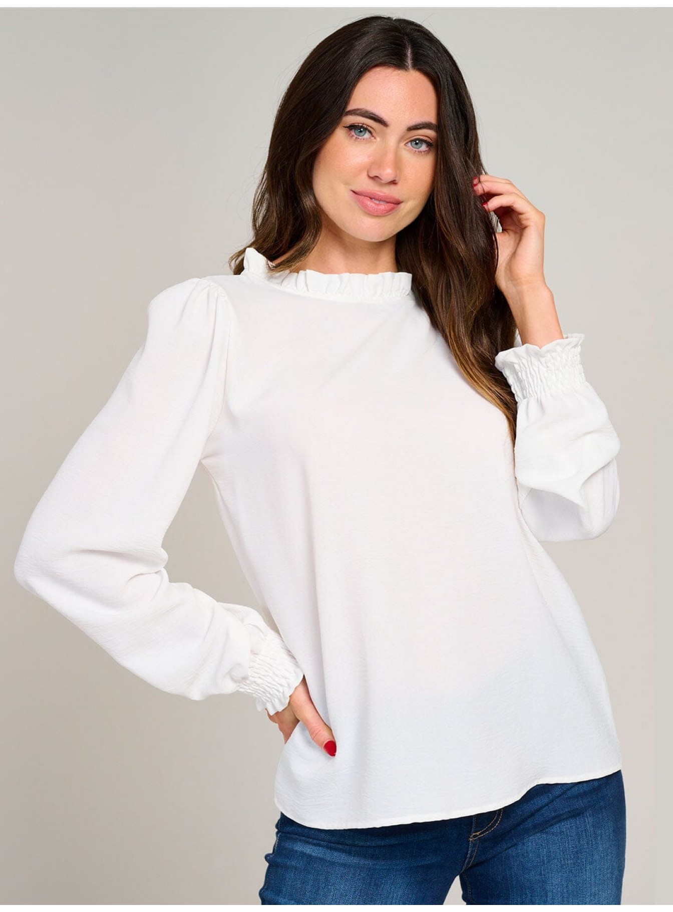 WOMEN'S LONG SLEEVE MOCK NECK RUFFLE BLO...