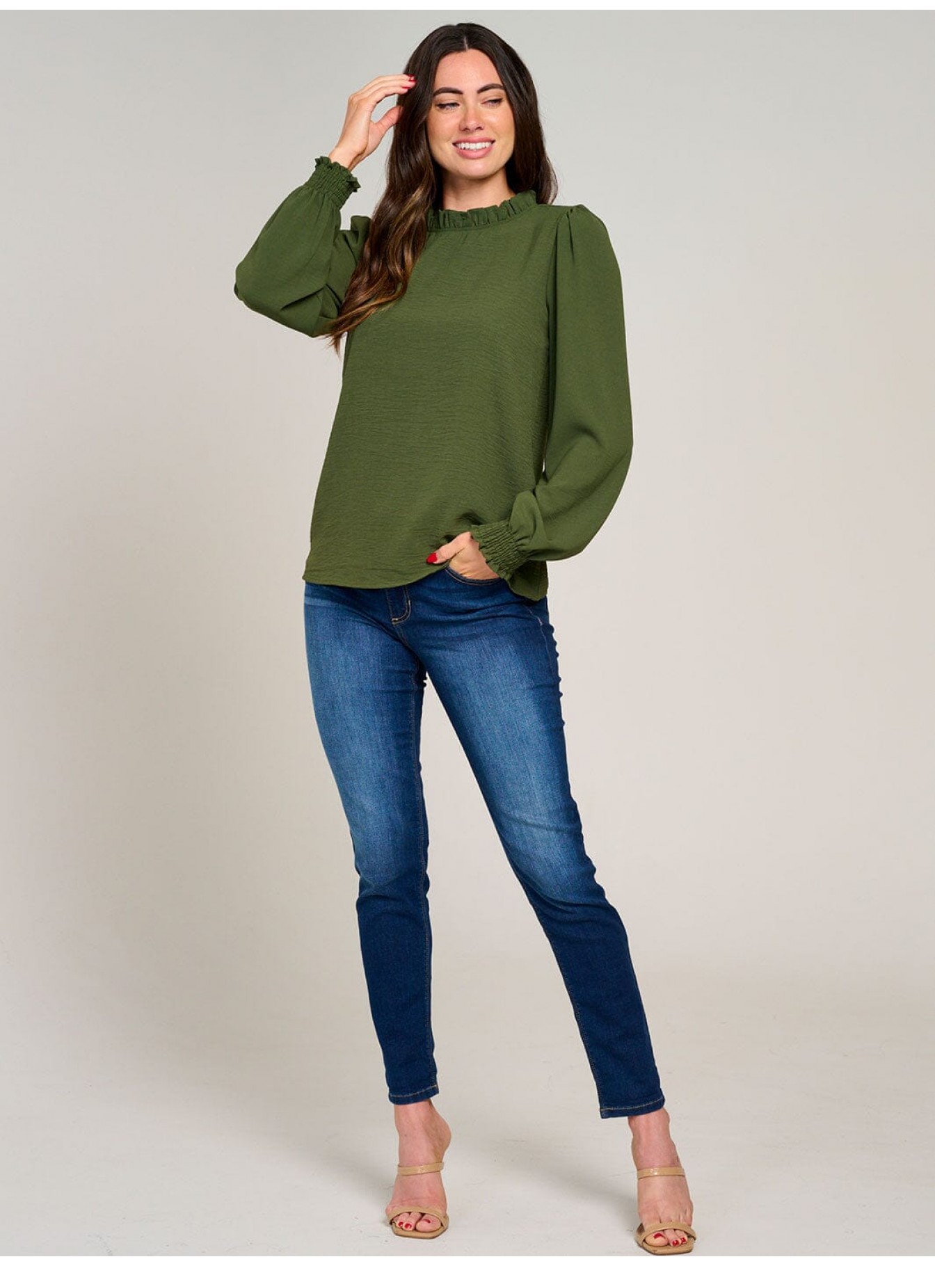 WOMEN'S LONG SLEEVE MOCK NECK RUFFLE BLOUSE WOMEN'S LONG SLEEVE MOCK NECK RUFFLE BLOUSE
