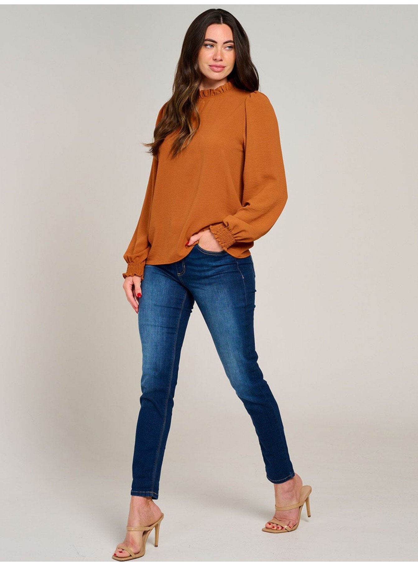 WOMEN'S LONG SLEEVE MOCK NECK RUFFLE BLOUSE WOMEN'S LONG SLEEVE MOCK NECK RUFFLE BLOUSE