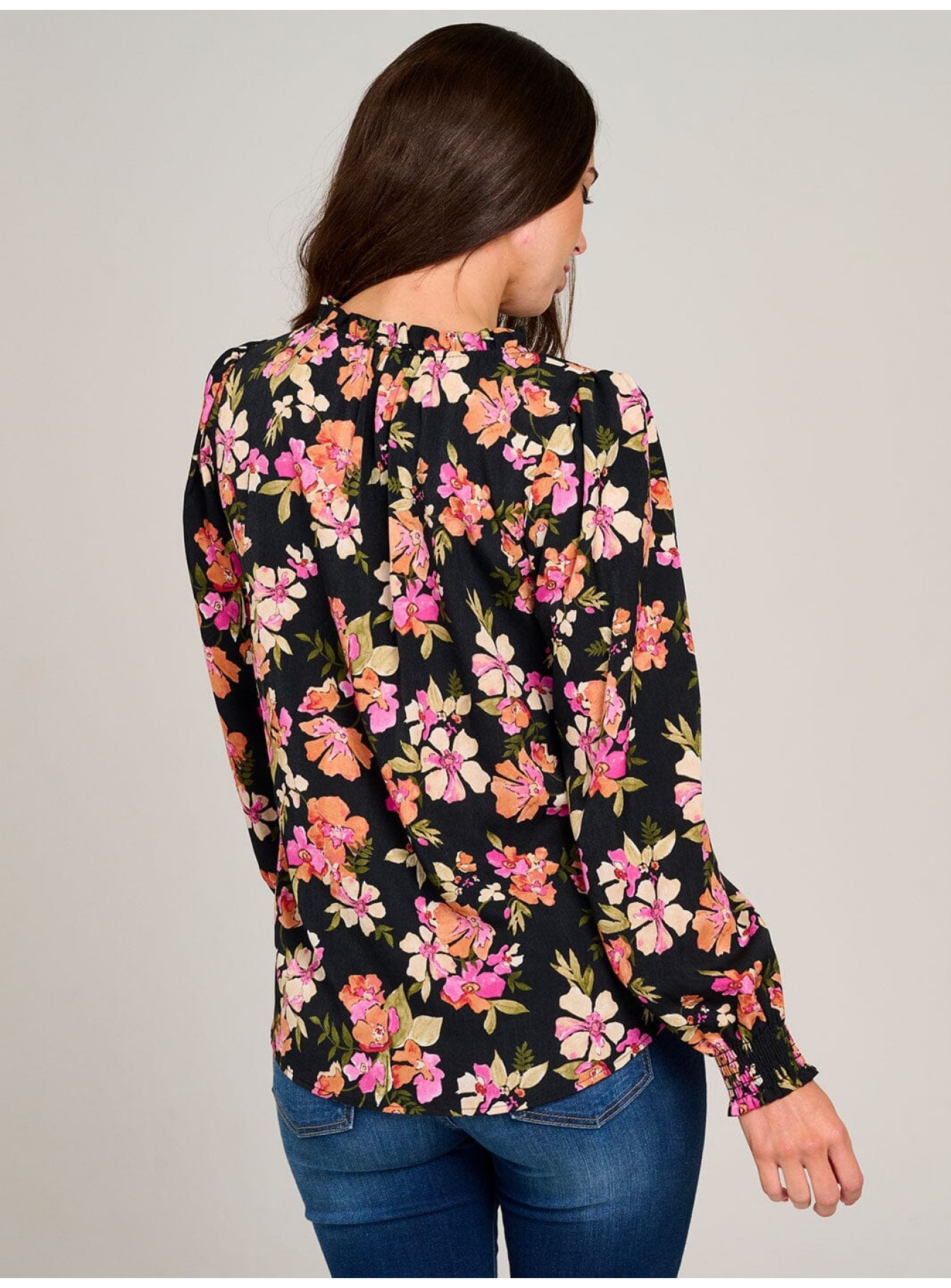 WOMEN'S LONG SLEEVE V-NECK RUFFLE HIGH-LOW FLORAL BLOUSE WOMEN'S LONG SLEEVE V-NECK RUFFLE HIGH-LOW FLORAL BLOUSE