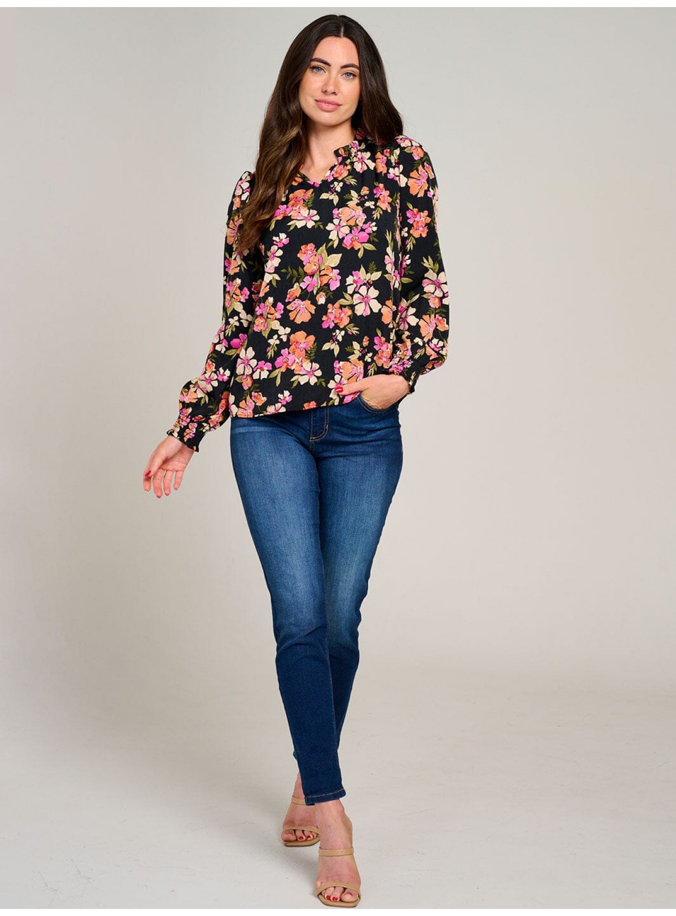 WOMEN'S LONG SLEEVE V-NECK RUFFLE HIGH-LOW FLORAL BLOUSE WOMEN'S LONG SLEEVE V-NECK RUFFLE HIGH-LOW FLORAL BLOUSE