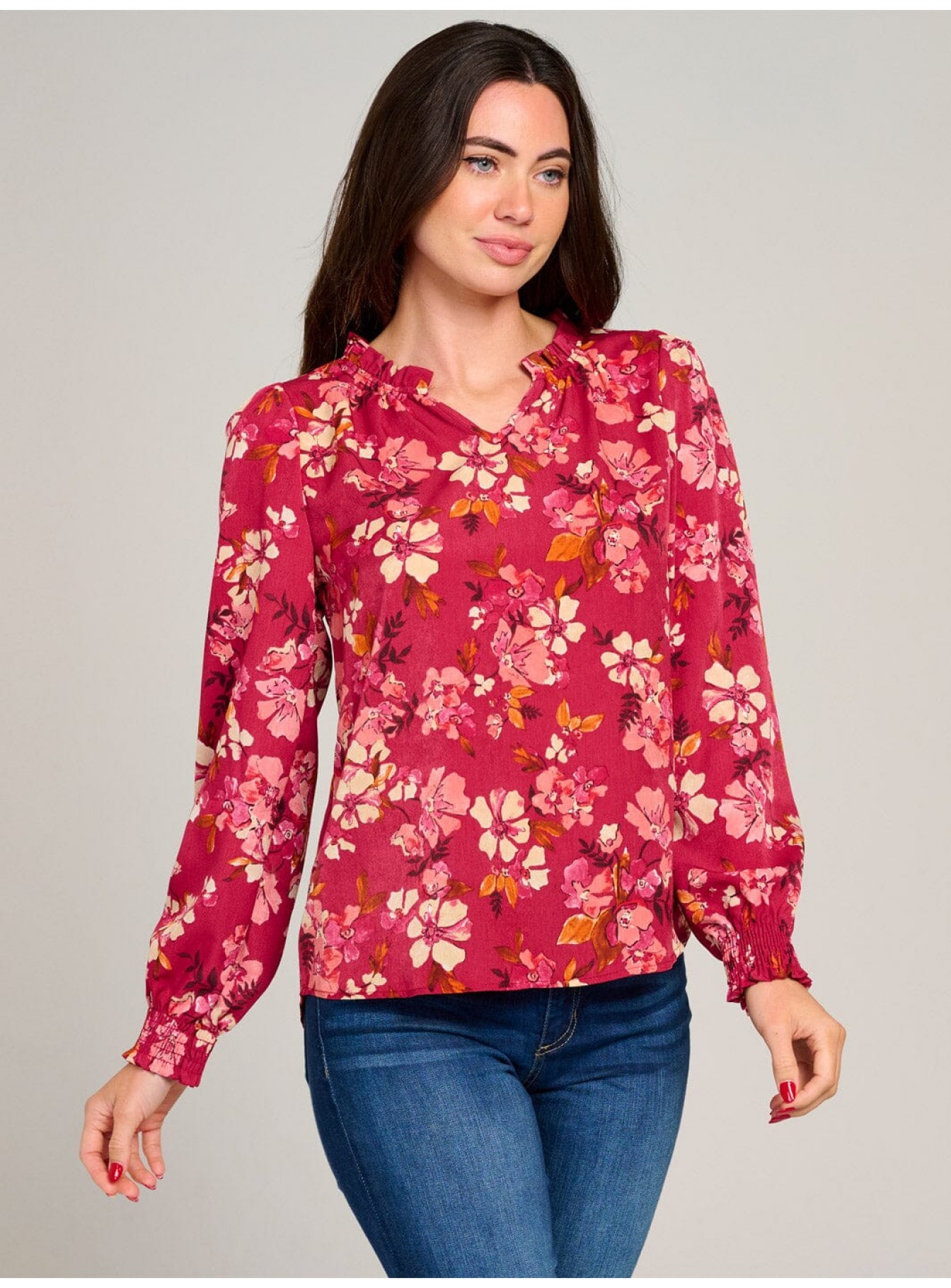 WOMEN'S LONG SLEEVE V-NECK RUFFLE HIGH-LOW FLORAL BLOUSE WOMEN'S LONG SLEEVE V-NECK RUFFLE HIGH-LOW FLORAL BLOUSE