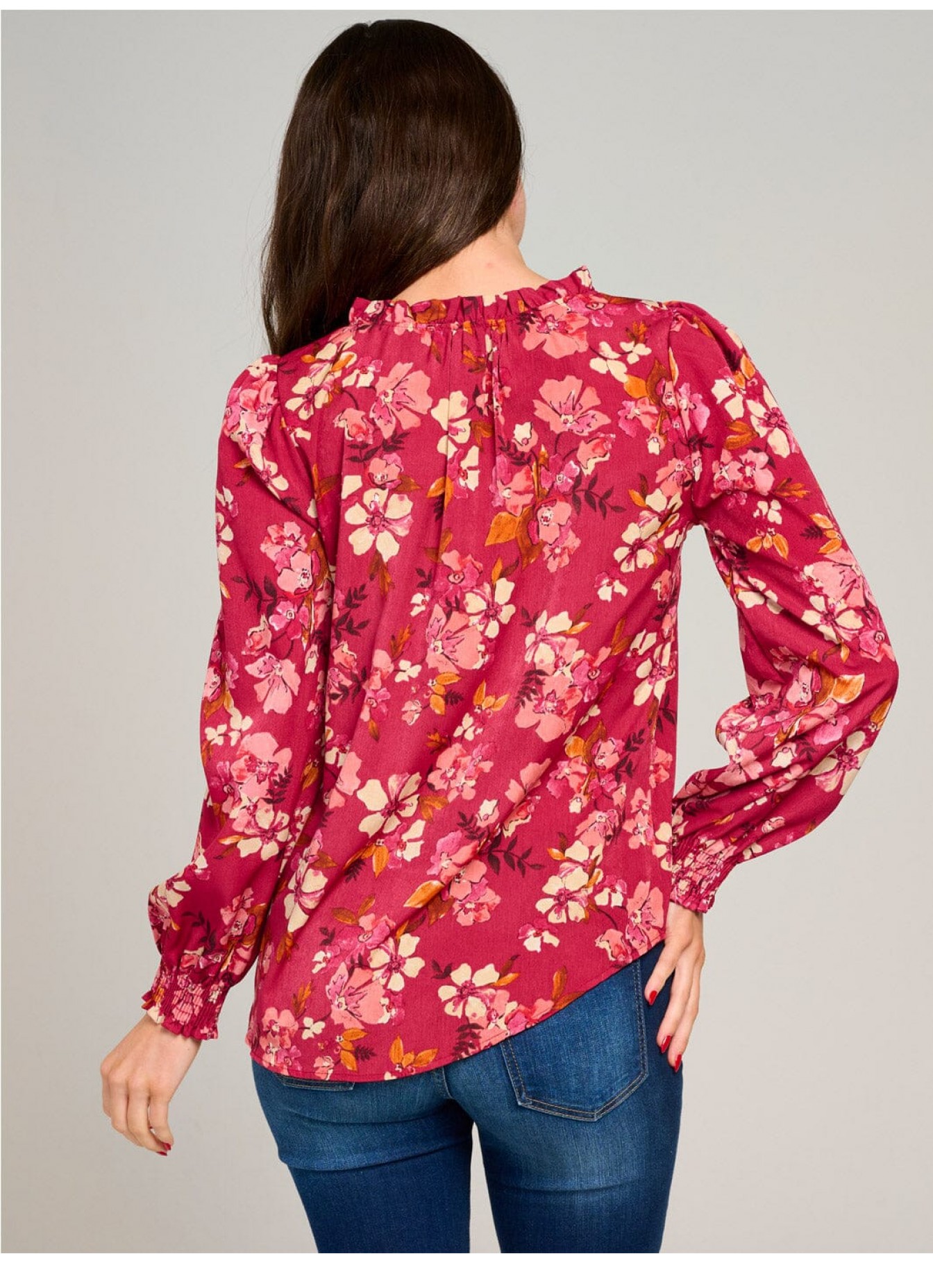 WOMEN'S LONG SLEEVE V-NECK RUFFLE HIGH-LOW FLORAL BLOUSE WOMEN'S LONG SLEEVE V-NECK RUFFLE HIGH-LOW FLORAL BLOUSE