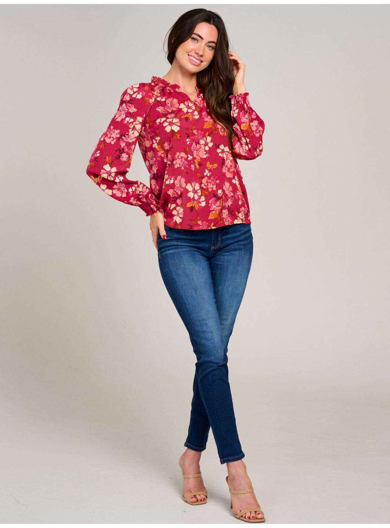 WOMEN'S LONG SLEEVE V-NECK RUFFLE HIGH-LOW FLORAL BLOUSE WOMEN'S LONG SLEEVE V-NECK RUFFLE HIGH-LOW FLORAL BLOUSE
