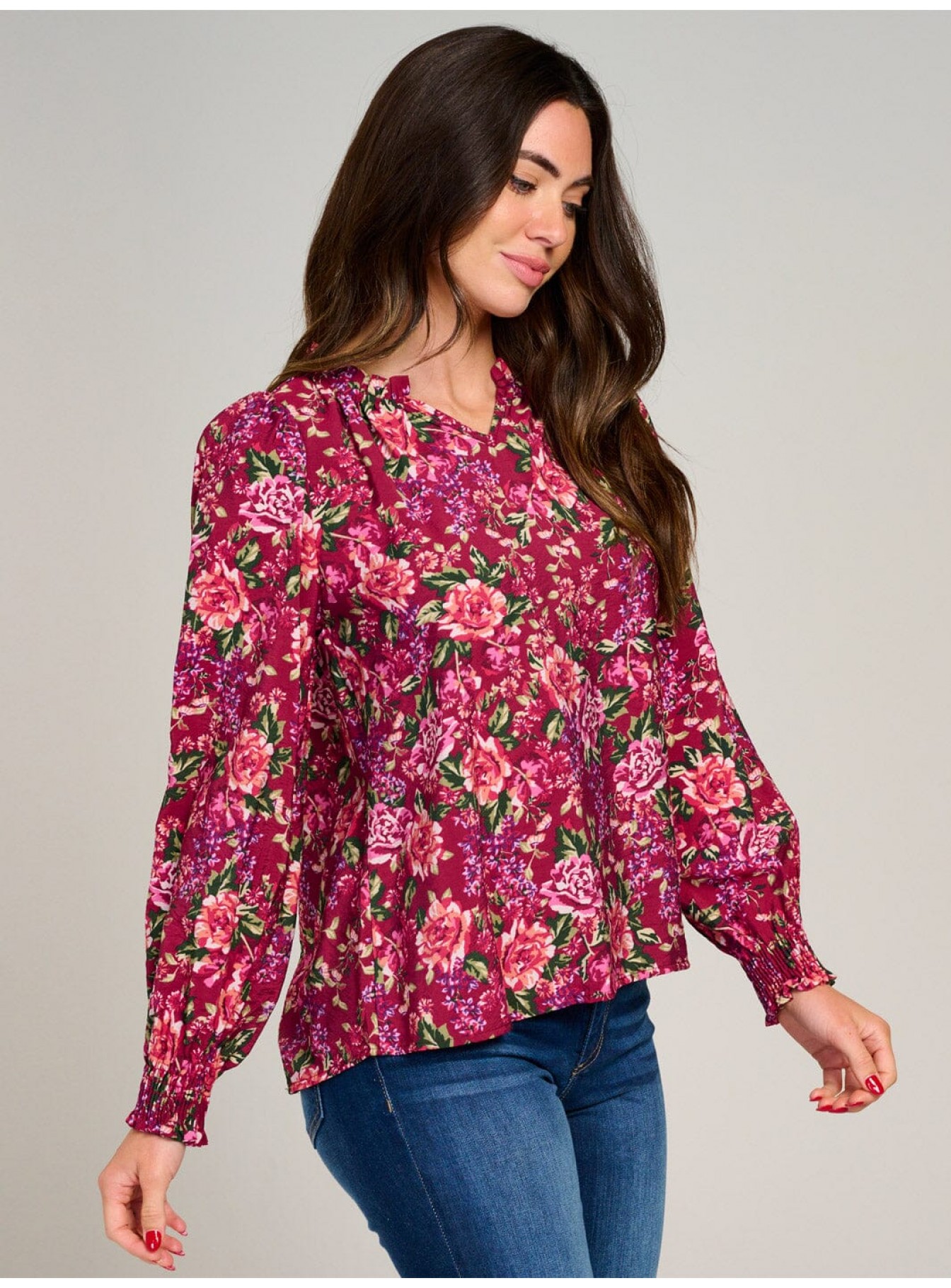 WOMEN'S LONG SLEEVE V-NECK RUFFLE FLORAL...