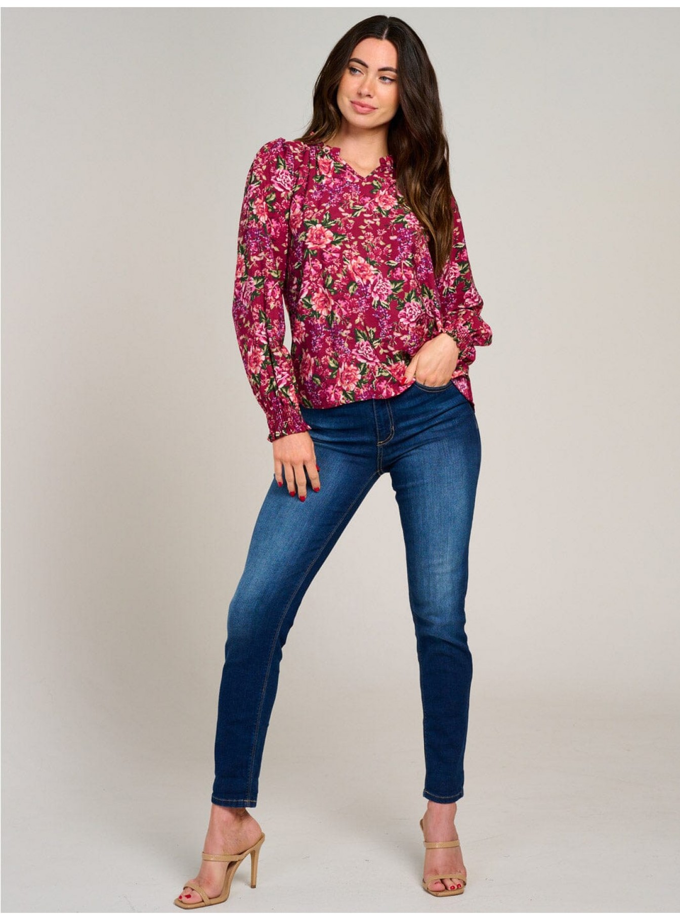 WOMEN'S LONG SLEEVE V-NECK RUFFLE FLORAL BLOUSE WOMEN'S LONG SLEEVE V-NECK RUFFLE FLORAL BLOUSE