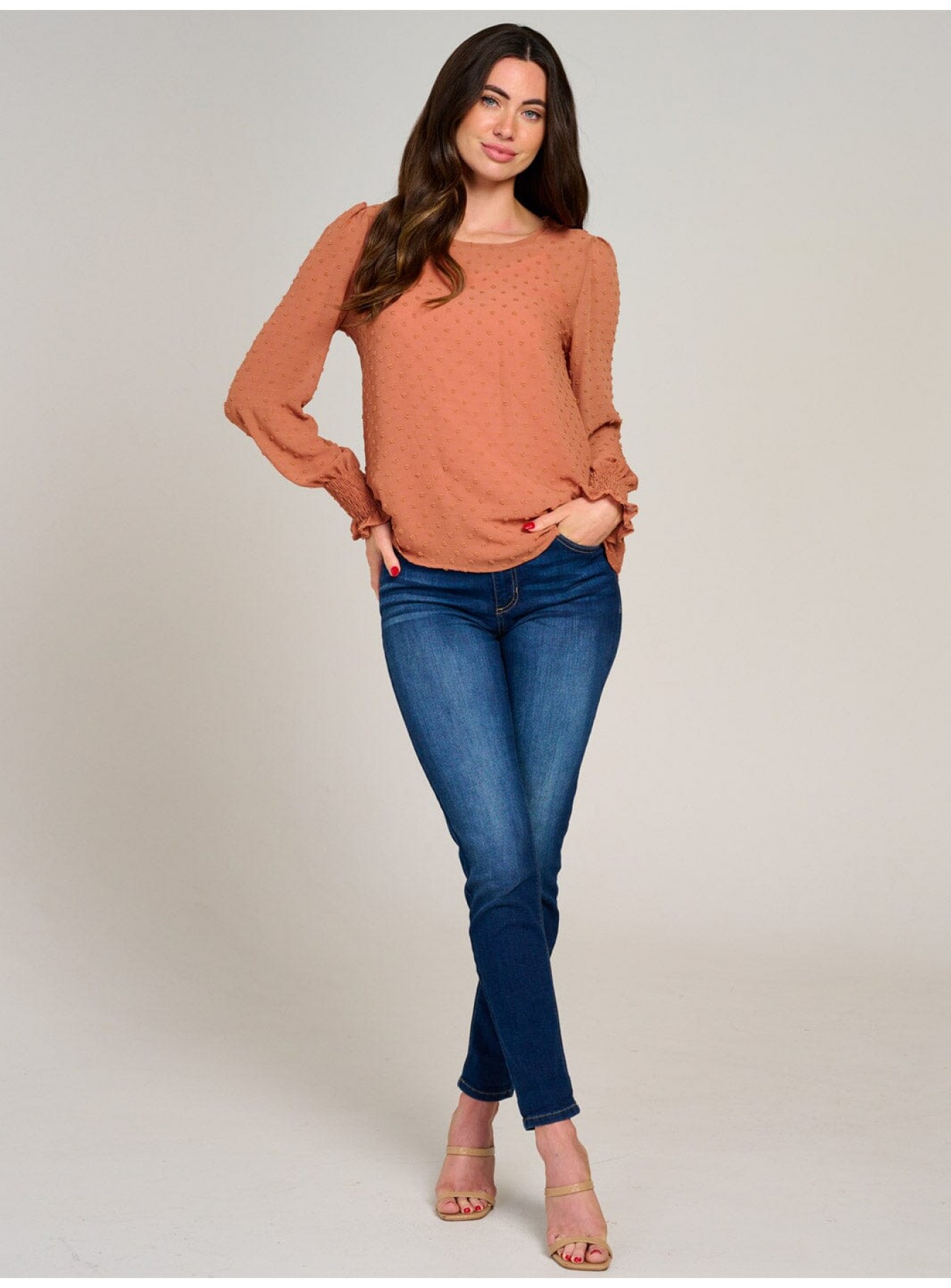 WOMEN'S LONG SLEEVE SWISS DETAILED BLOUS...