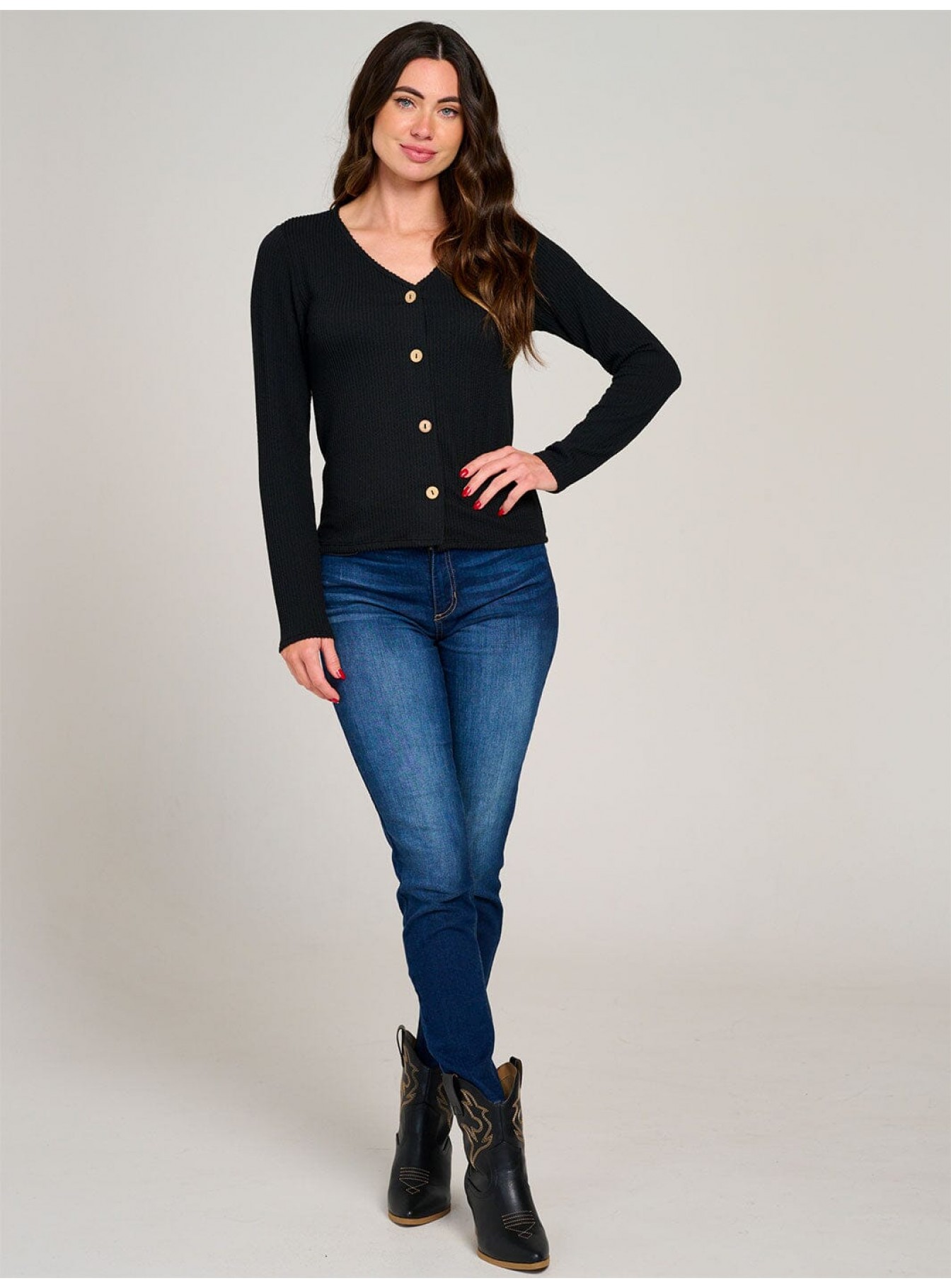 WOMEN'S LONG SLEEVE BUTTON CLOSURE RIBBED TOP WOMEN'S LONG SLEEVE BUTTON CLOSURE RIBBED TOP