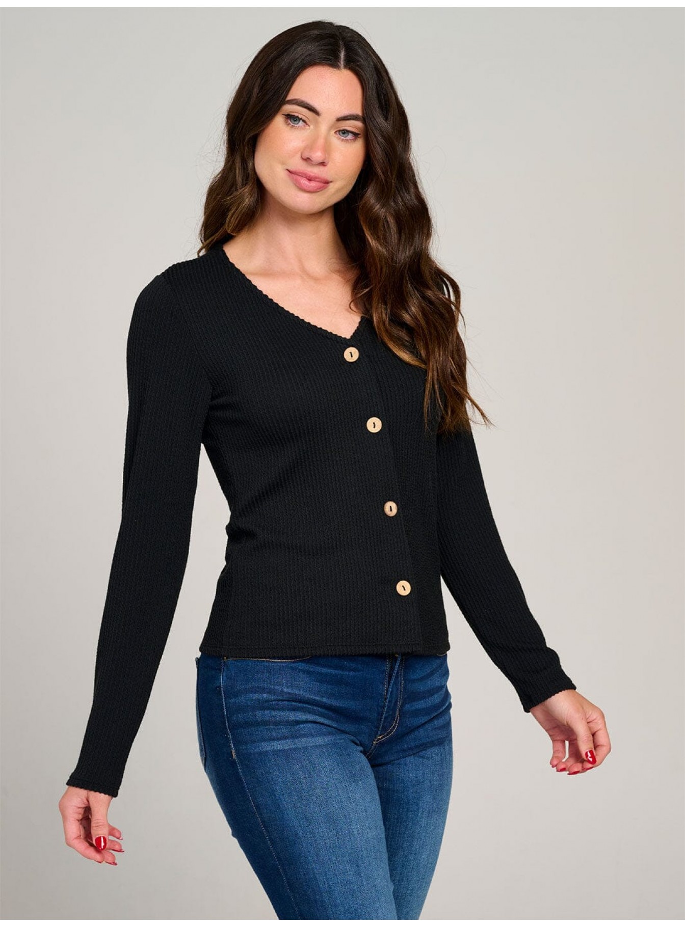WOMEN'S LONG SLEEVE BUTTON CLOSURE RIBBED TOP WOMEN'S LONG SLEEVE BUTTON CLOSURE RIBBED TOP
