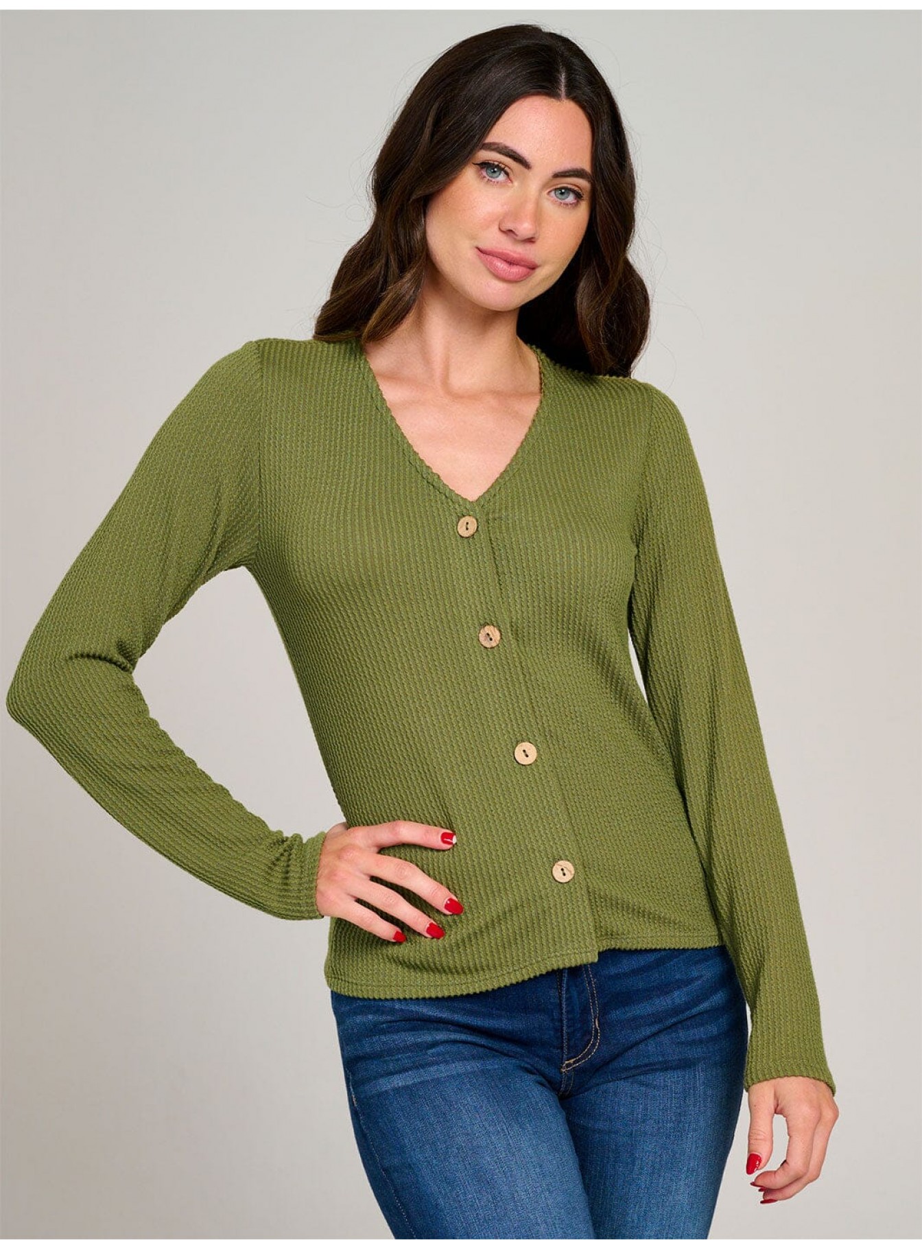 WOMEN'S LONG SLEEVE BUTTON CLOSURE RIBBED TOP WOMEN'S LONG SLEEVE BUTTON CLOSURE RIBBED TOP