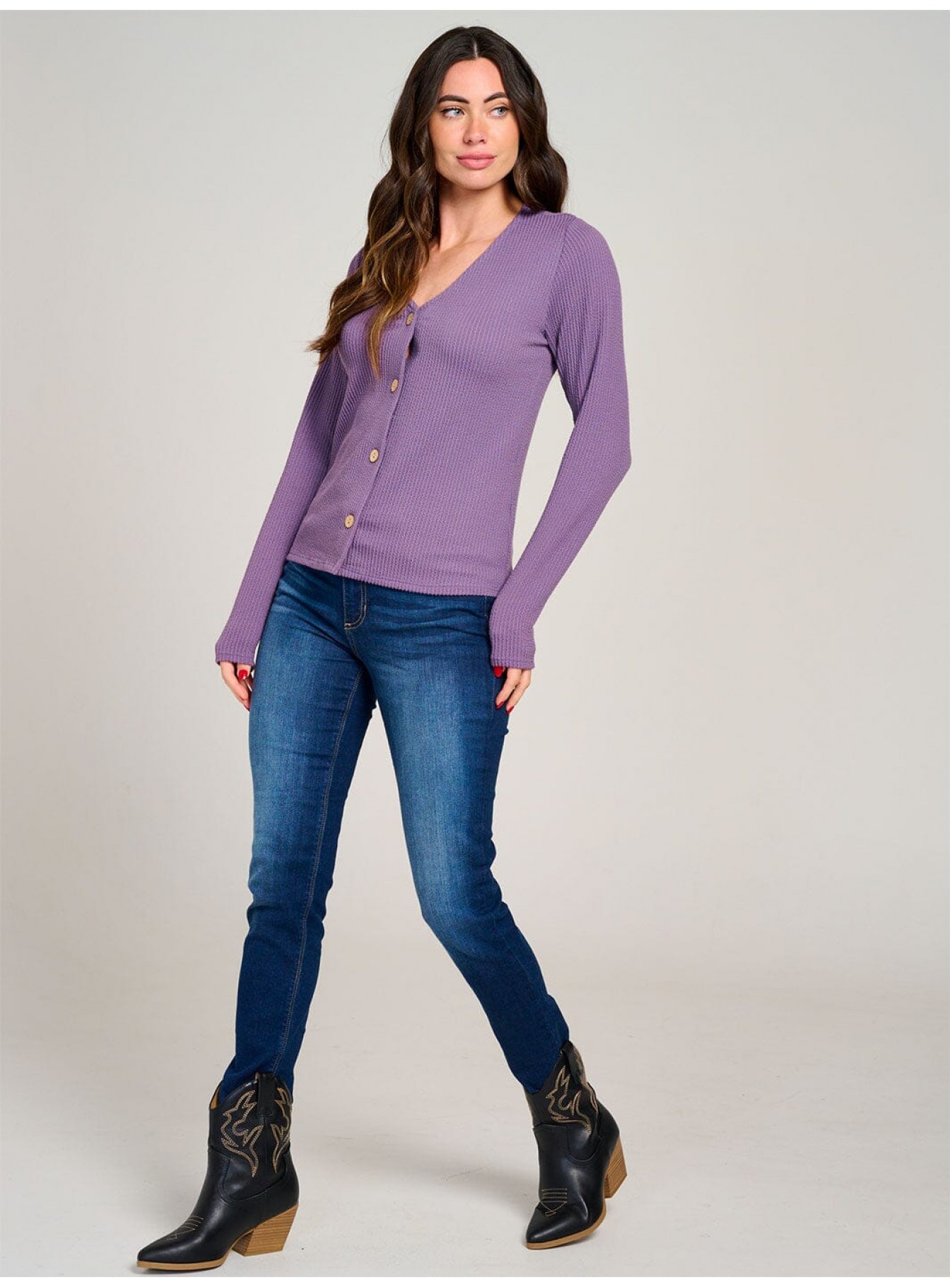 WOMEN'S LONG SLEEVE BUTTON CLOSURE RIBBED TOP WOMEN'S LONG SLEEVE BUTTON CLOSURE RIBBED TOP