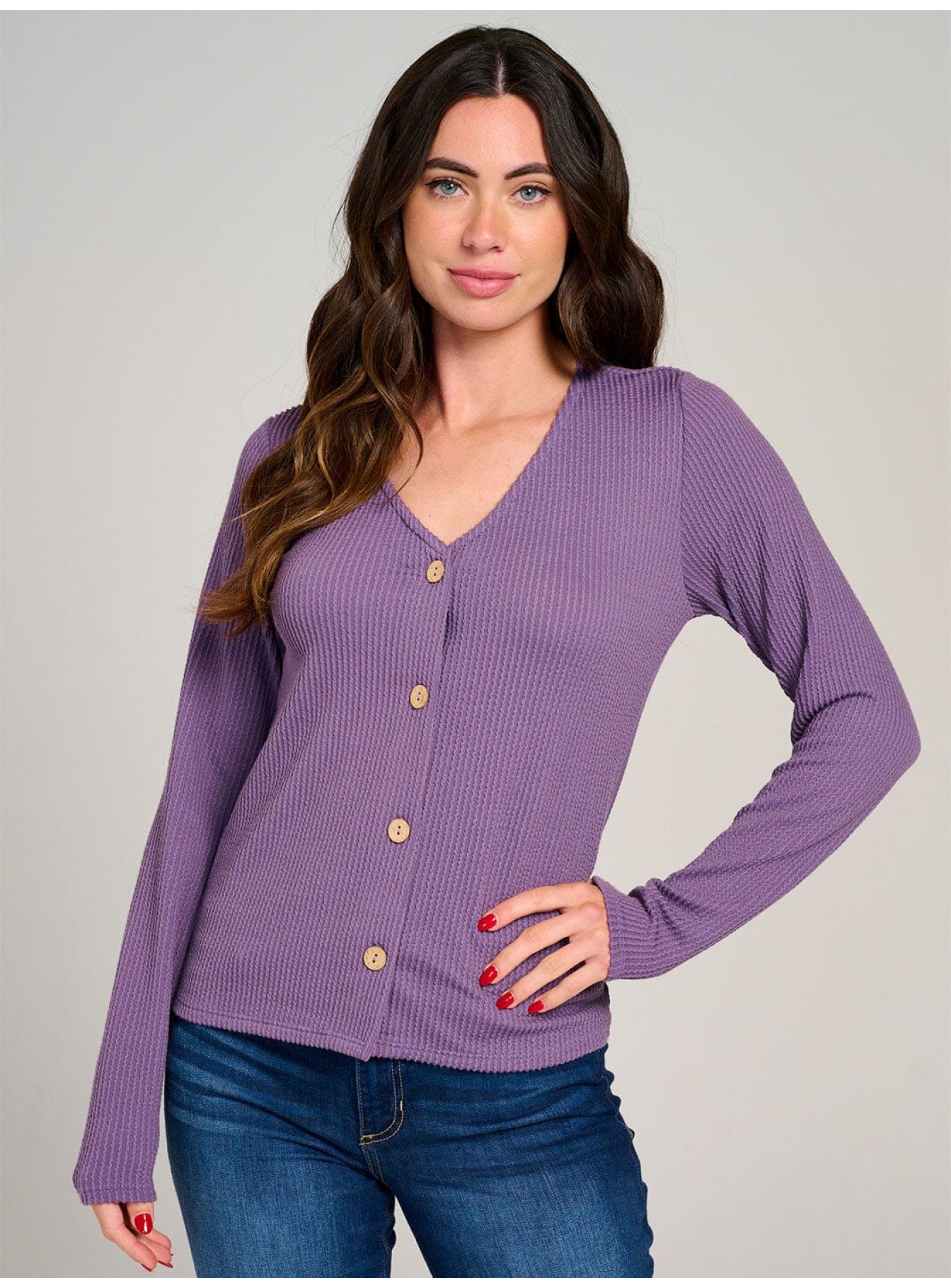 WOMEN'S LONG SLEEVE BUTTON CLOSURE RIBBED TOP WOMEN'S LONG SLEEVE BUTTON CLOSURE RIBBED TOP
