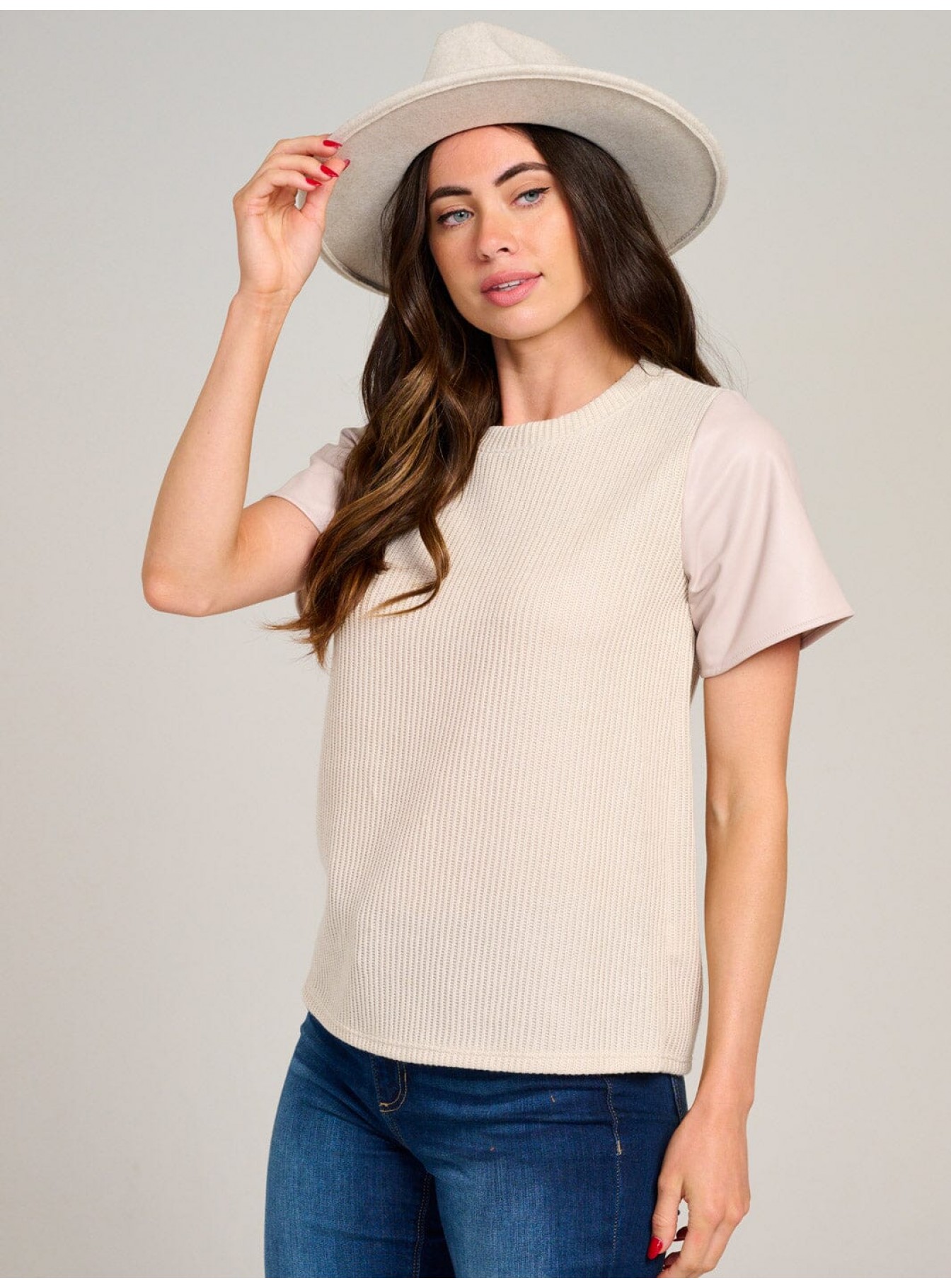 WOMEN'S SHORT SLEEVE KNIT CONTRAST PU PL...