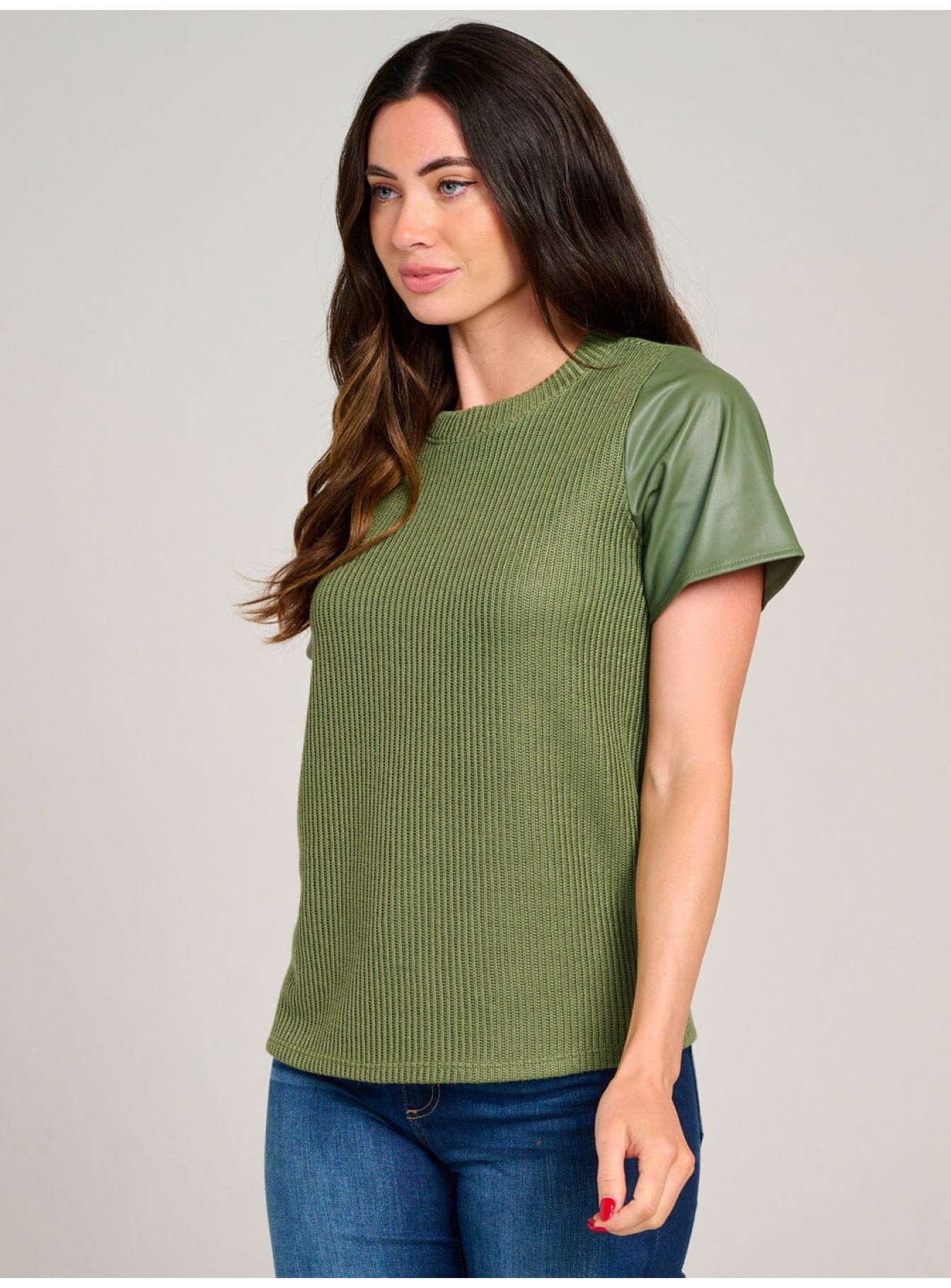 WOMEN'S SHORT SLEEVE KNIT CONTRAST PU PLEATHER BLOUSE