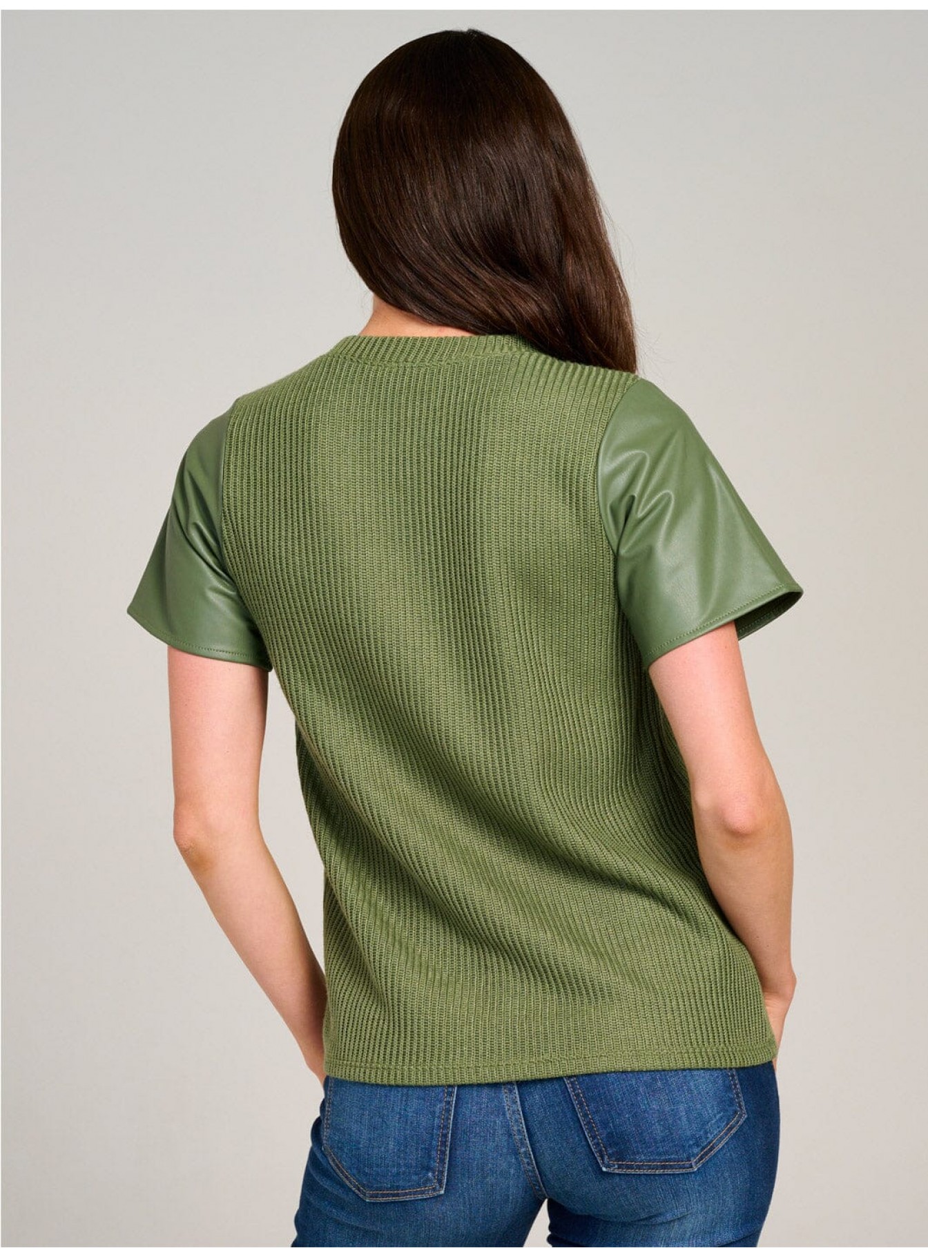 WOMEN'S SHORT SLEEVE KNIT CONTRAST PU PLEATHER BLOUSE