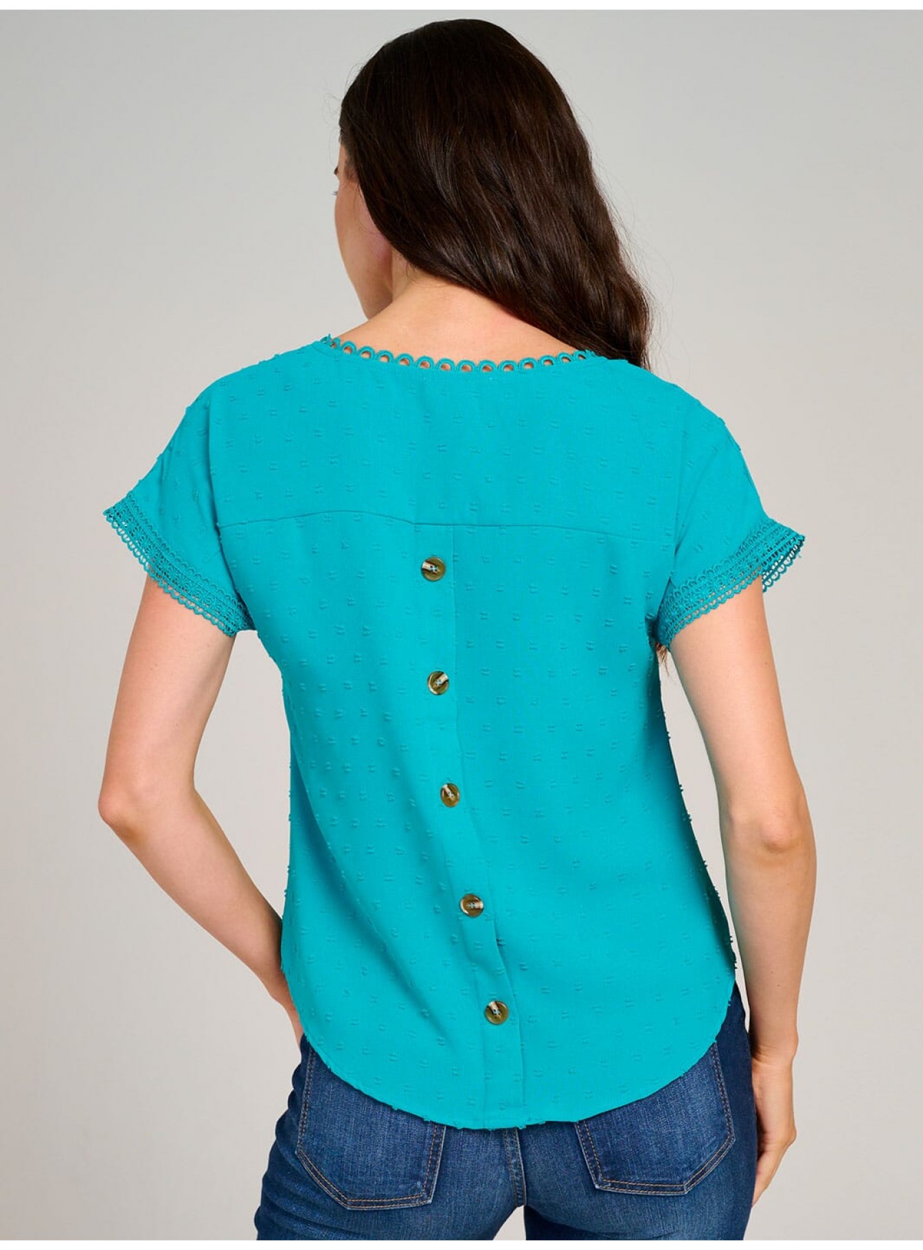 WOMEN'S SHORT SLEEVE V-NECK SWISS BACK DETAILED BLOUSE