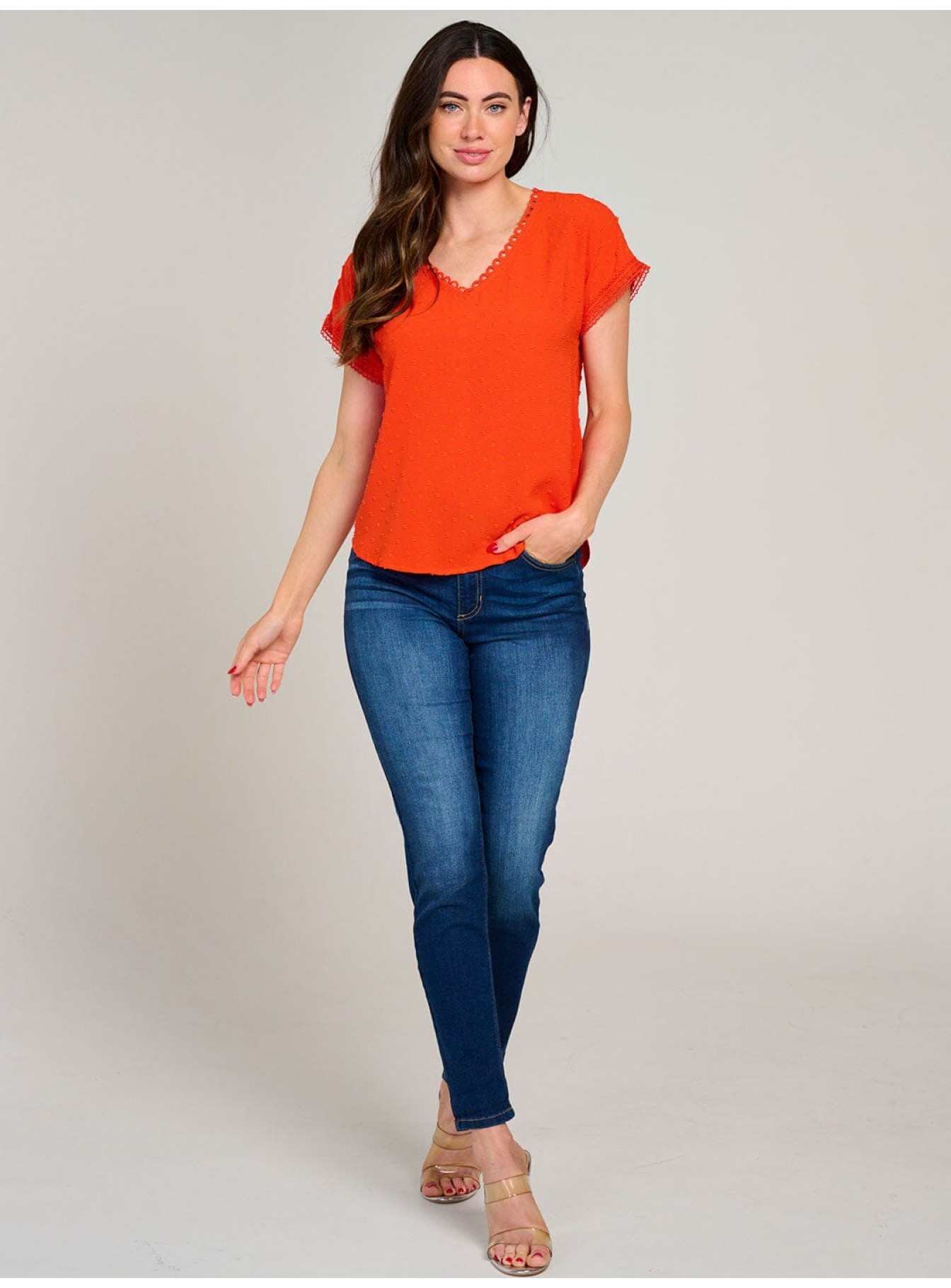 WOMEN'S SHORT SLEEVE V-NECK SWISS BACK D...