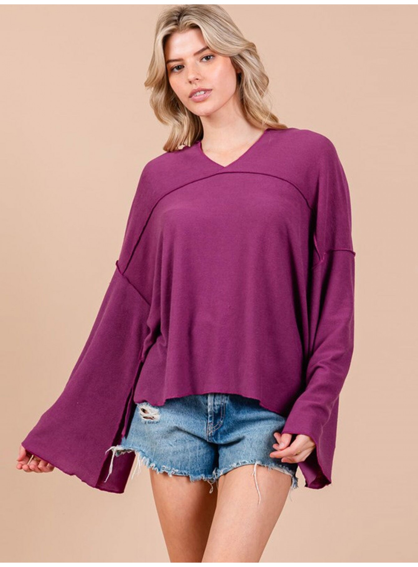 WOMEN'S LONG BELL SLEEVE V-NECK HOODED O...