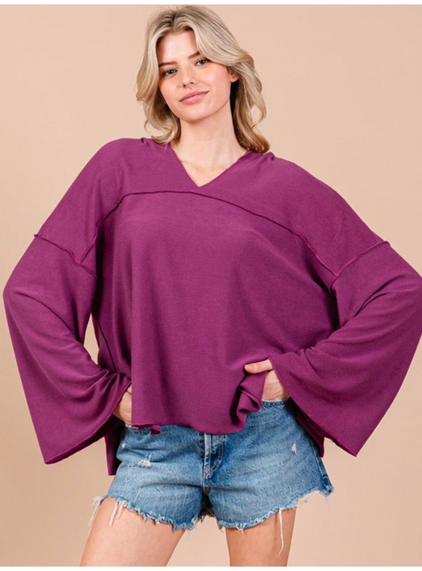 WOMEN'S LONG BELL SLEEVE V-NECK HOODED OVERSIZED TOP WOMEN'S LONG BELL SLEEVE V-NECK HOODED OVERSIZED TOP