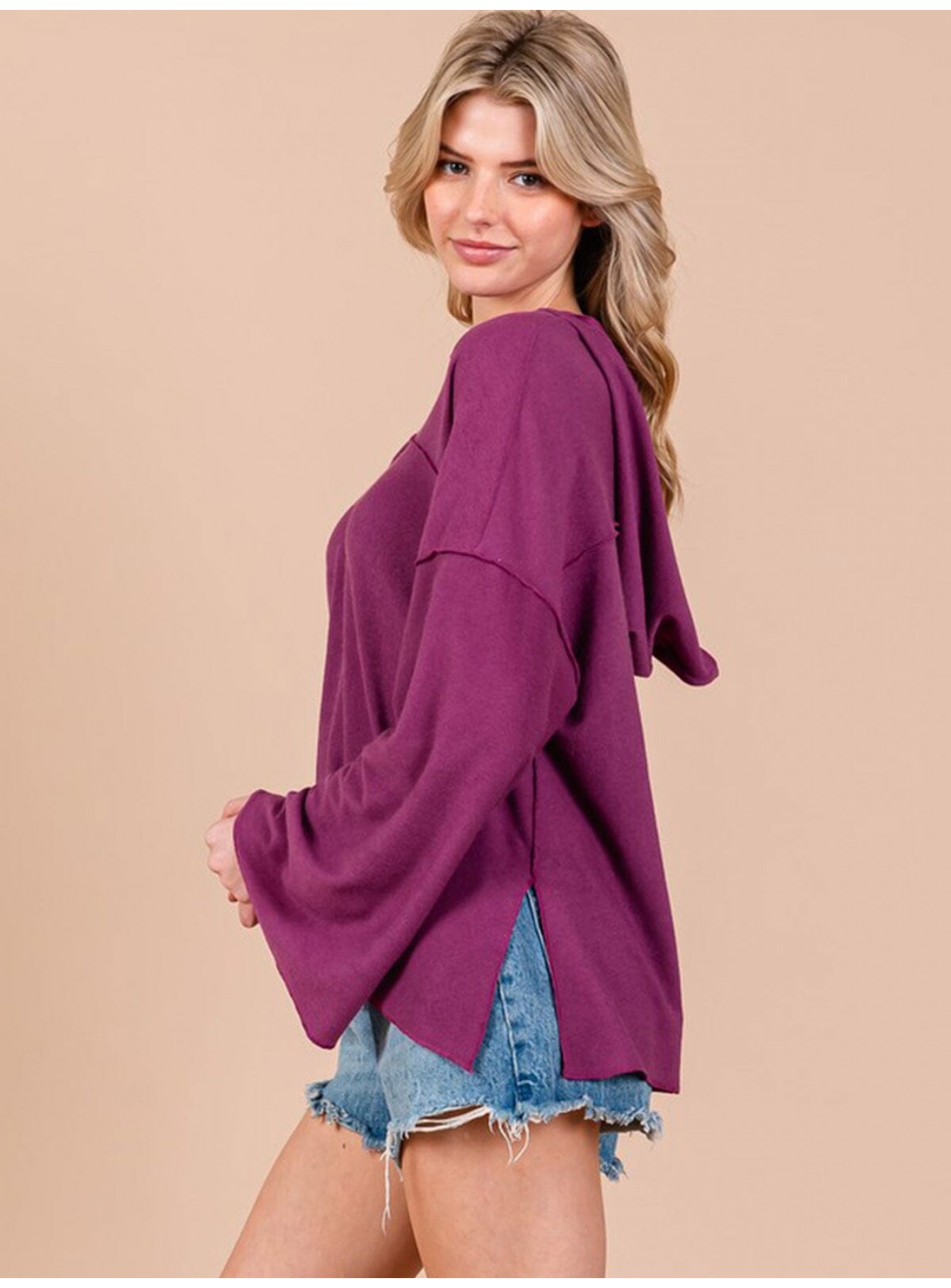 WOMEN'S LONG BELL SLEEVE V-NECK HOODED OVERSIZED TOP WOMEN'S LONG BELL SLEEVE V-NECK HOODED OVERSIZED TOP