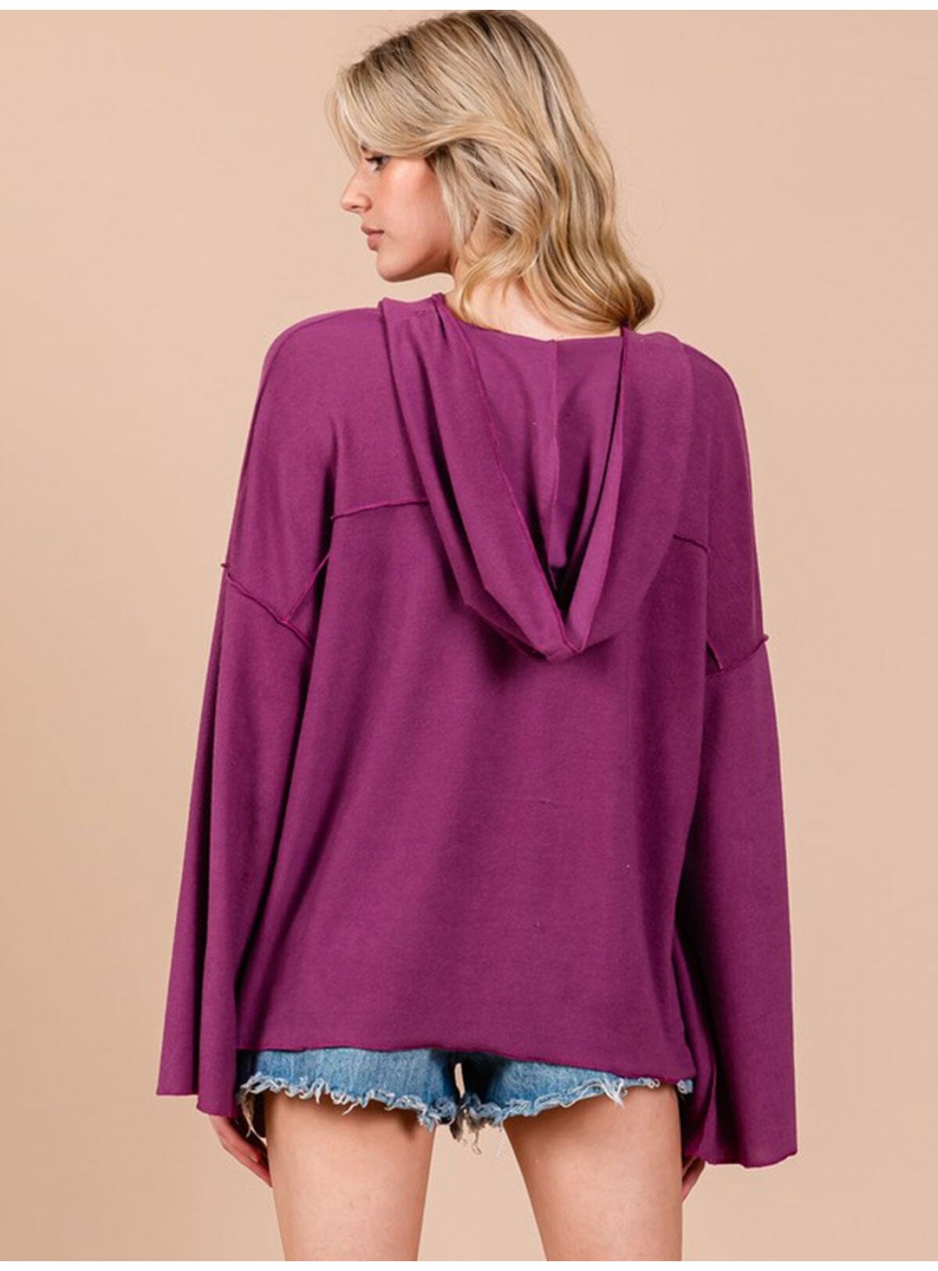 WOMEN'S LONG BELL SLEEVE V-NECK HOODED OVERSIZED TOP WOMEN'S LONG BELL SLEEVE V-NECK HOODED OVERSIZED TOP