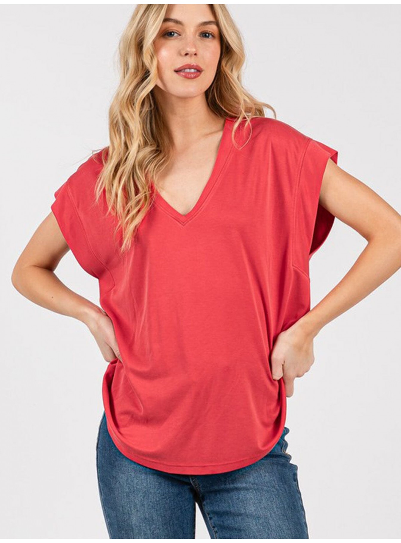 WOMEN'S SHORT SLEEVE V-NECK SOLID TOP