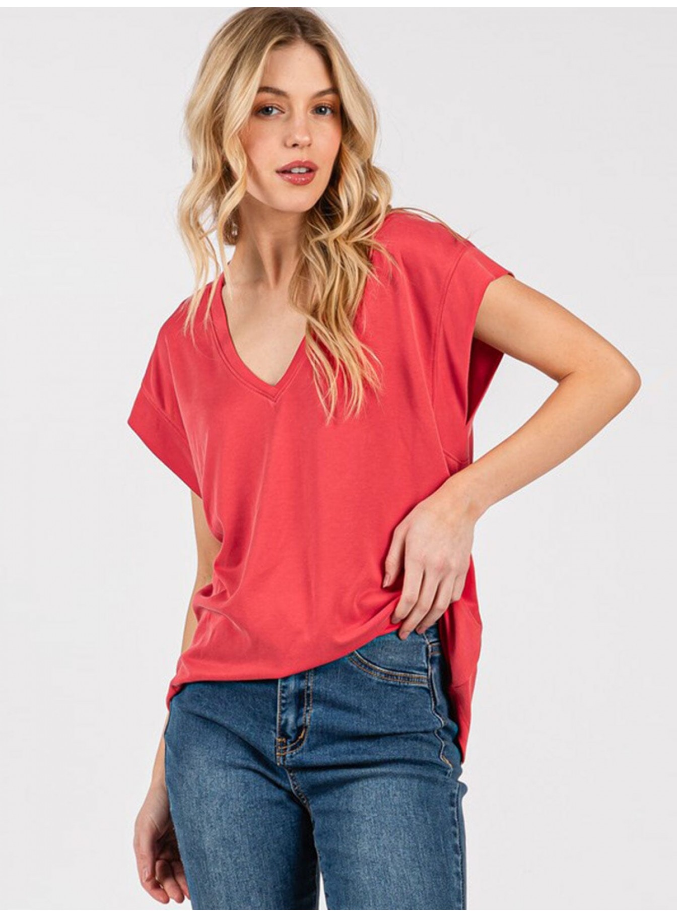 WOMEN'S SHORT SLEEVE V-NECK SOLID TOP