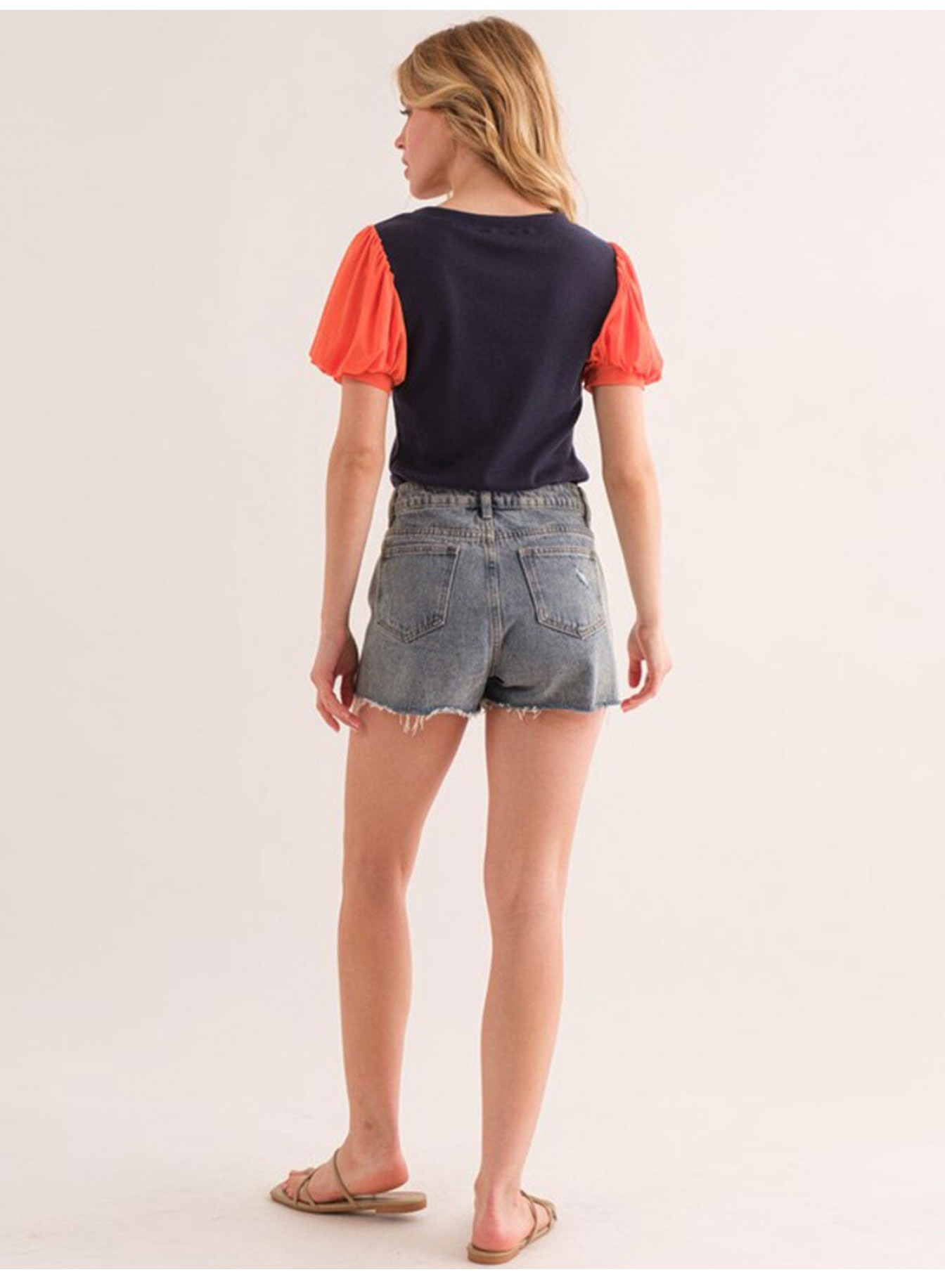 WOMEN'S SHORT PUFF SLEEVE RIBBED COLORBLOCK TOP