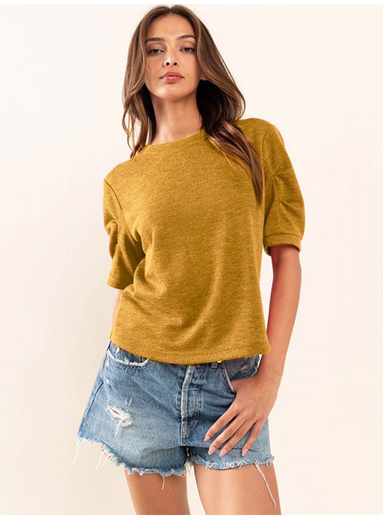 WOMEN'S SHORT RUCHED SLEEVE SOLID TOP WOMEN'S SHORT RUCHED SLEEVE SOLID TOP