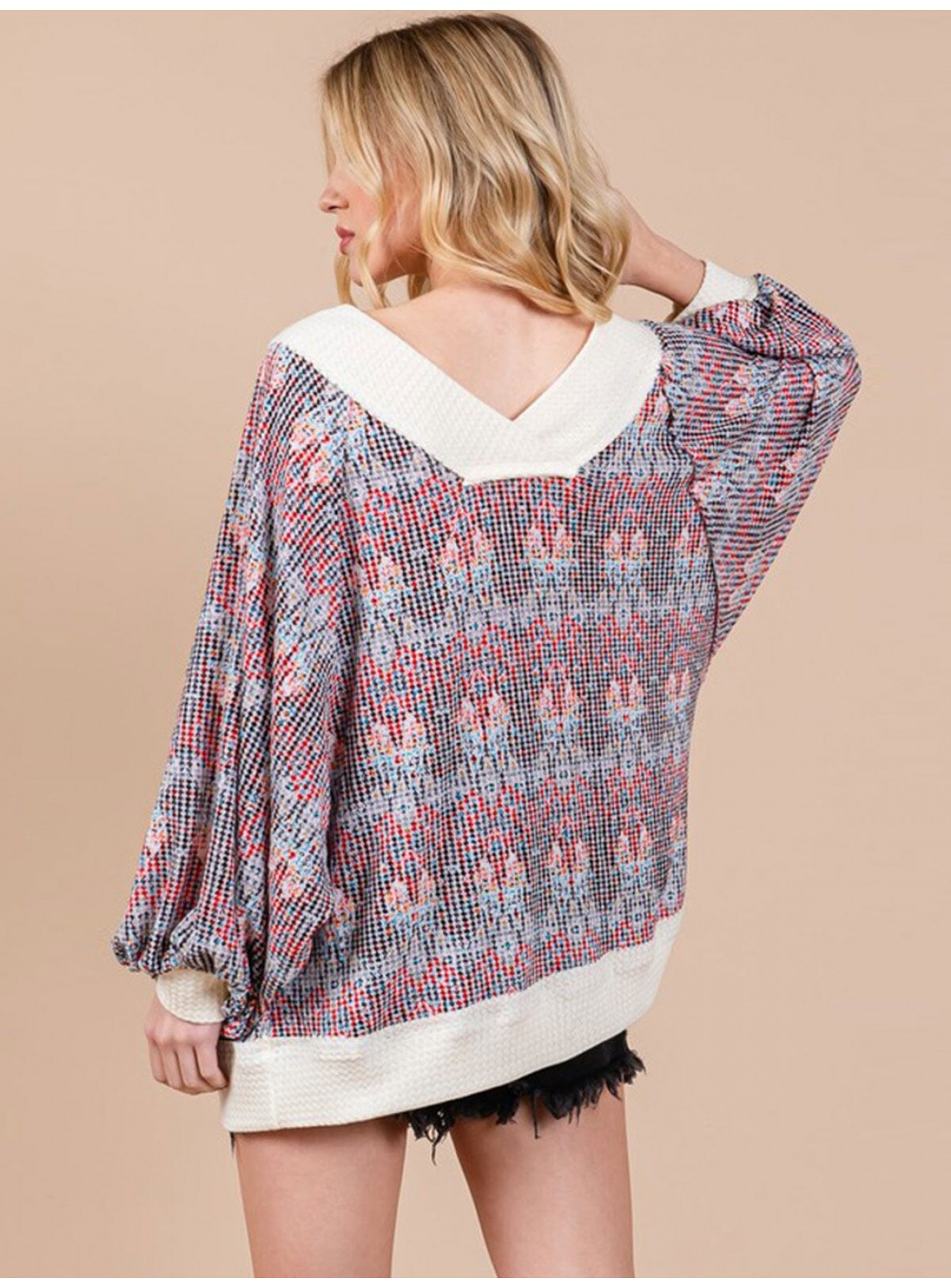 WOMEN'S LONG SLEEVE FRONT POCKET MULTI PRINT RIBBED OVERSIZED TOP WOMEN'S LONG SLEEVE FRONT POCKET MULTI PRINT RIBBED OVERSIZED TOP